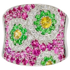 3.00 Carat 18 Karat White Gold Diamond Pink Yellow Sapphire, and Tsavorite Ring