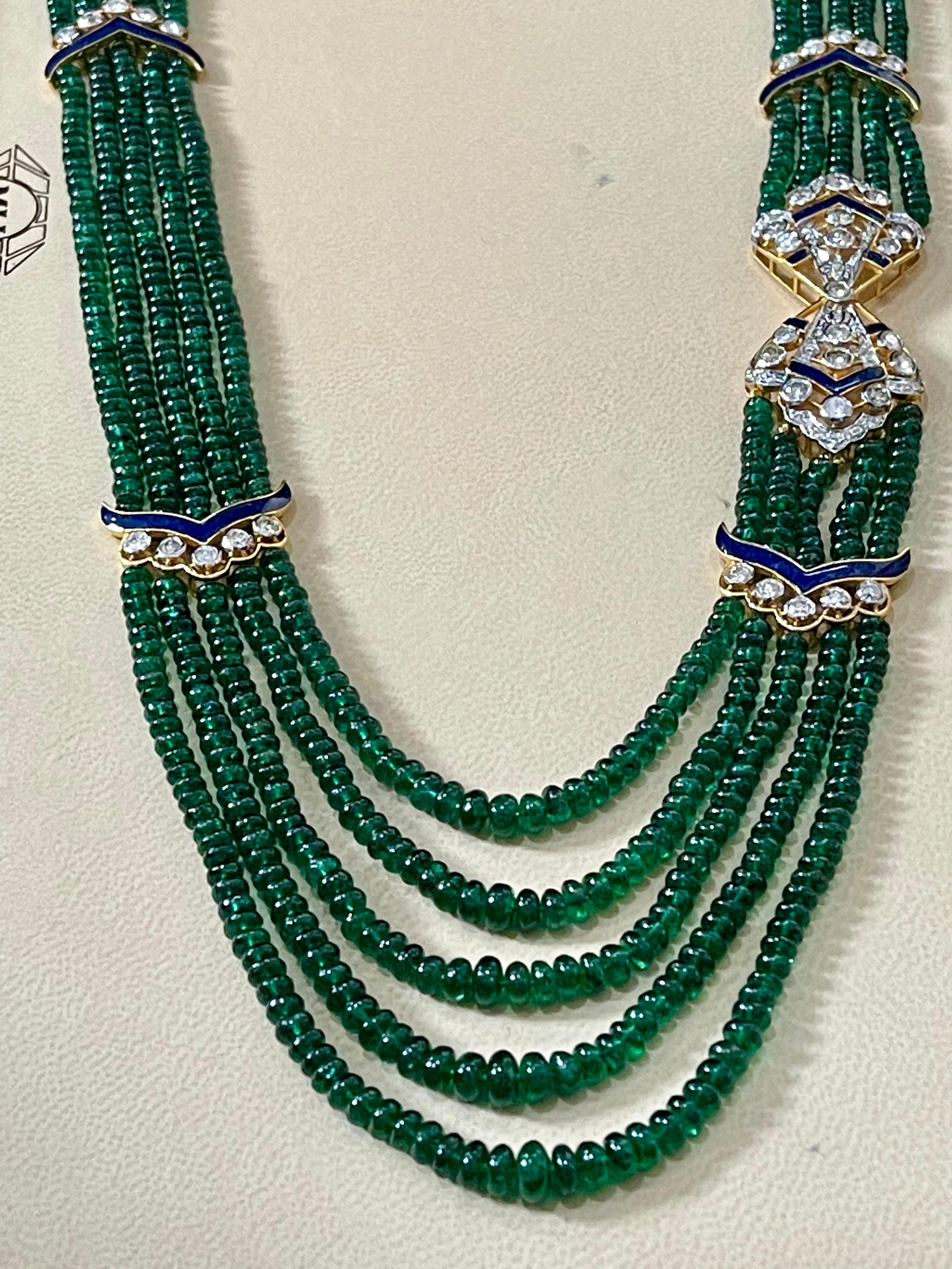 300 Carat 5-Strand Emerald Necklace with 4.8 Carat Diamond & Enamel in 14k Gold For Sale 2