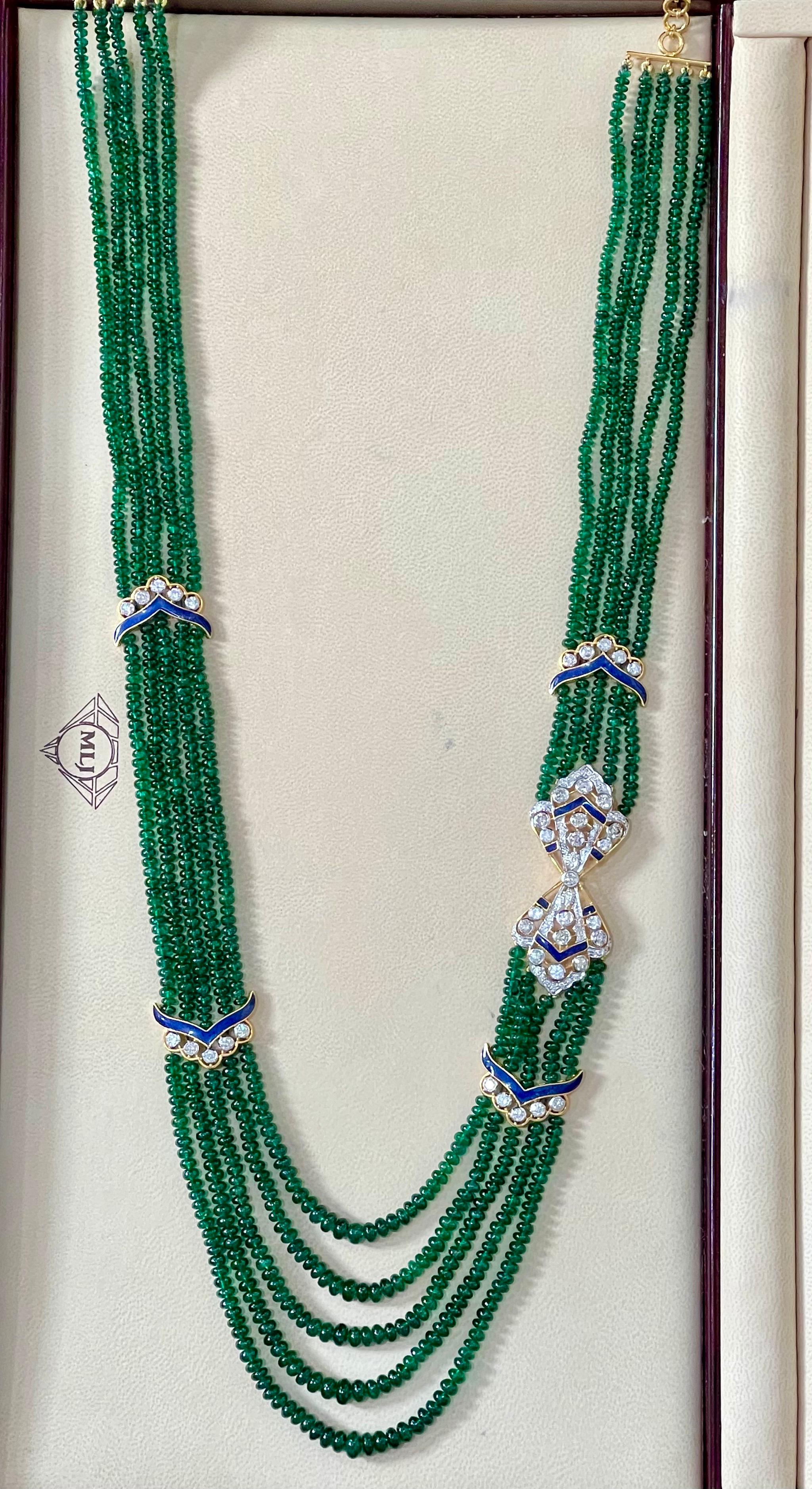 300 Carat 5-Strand Emerald Necklace with 4.8 Carat Diamond & Enamel in 14k Gold For Sale 3