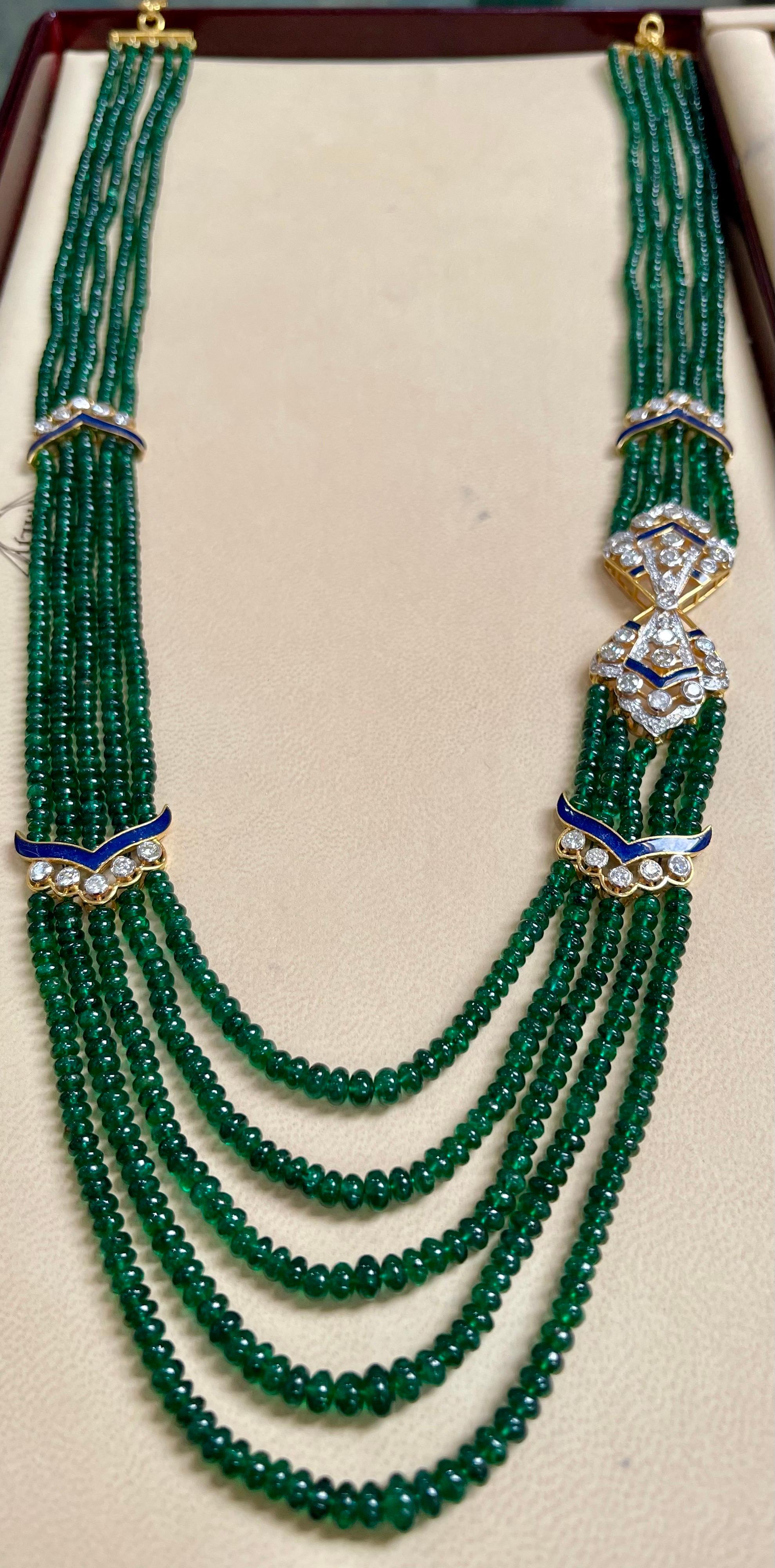 300 Carat 5-Strand Emerald Necklace with 4.8 Carat Diamond & Enamel in 14k Gold For Sale 4