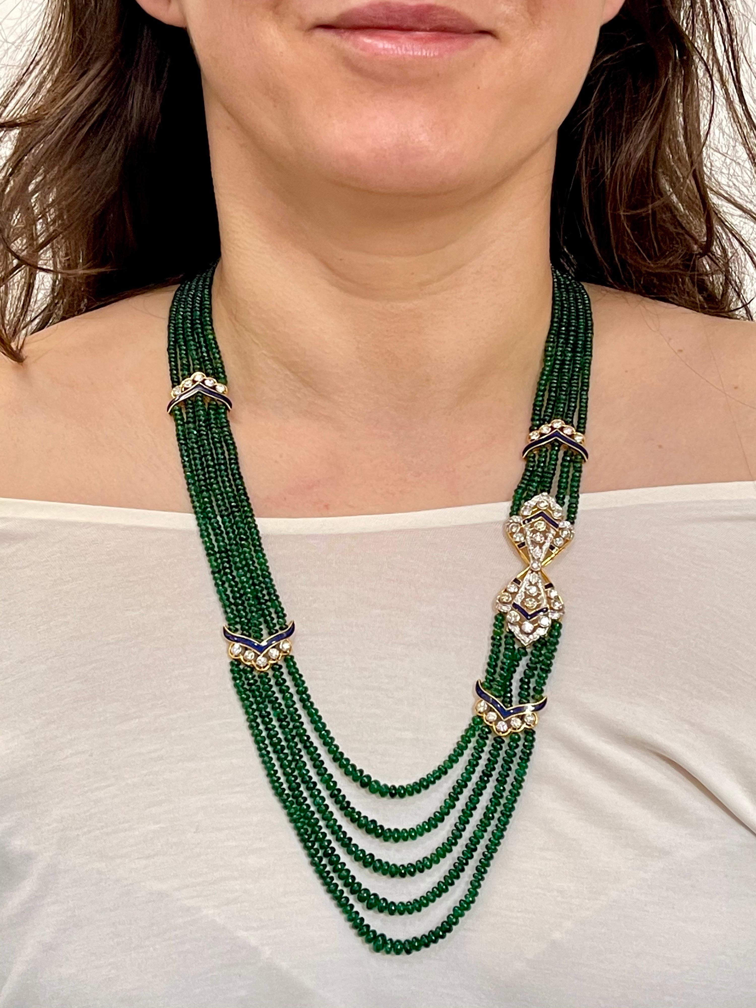 300 Carat 5-Strand Emerald Necklace with 4.8 Carat Diamond & Enamel in 14k Gold For Sale 5