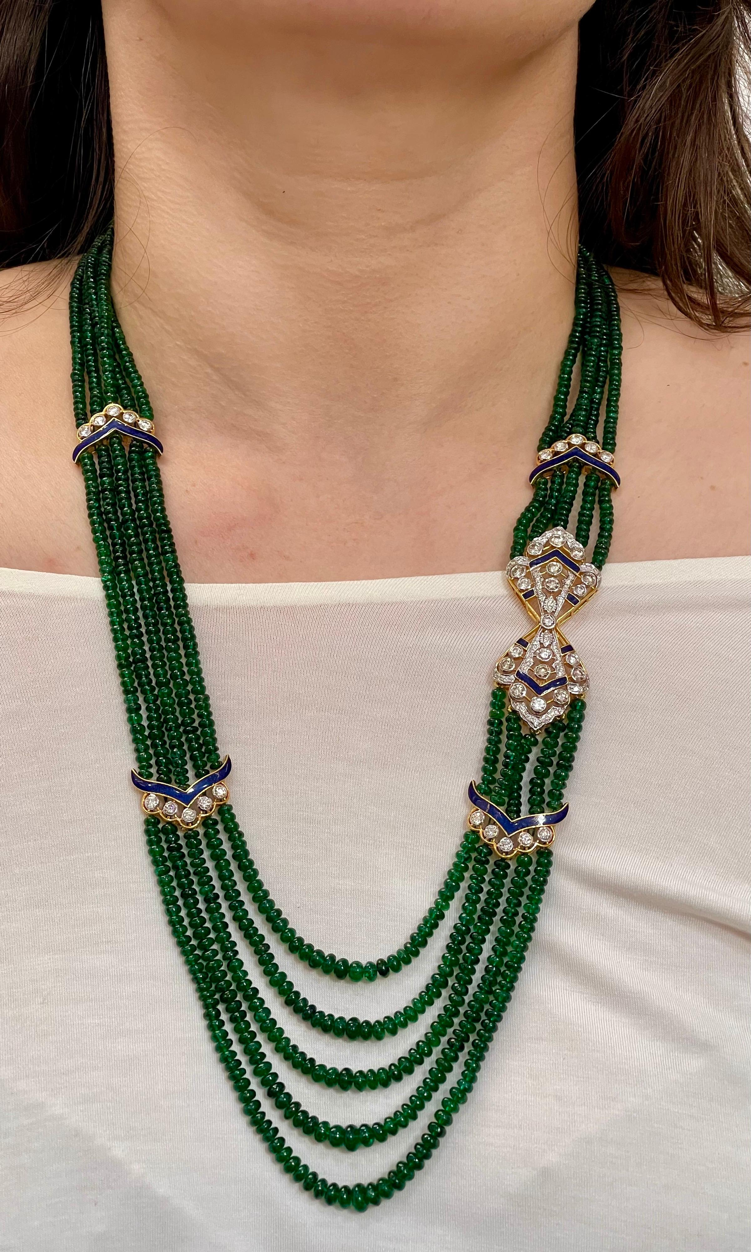 300 Carat 5-Strand Emerald Necklace with 4.8 Carat Diamond & Enamel in 14k Gold For Sale 6