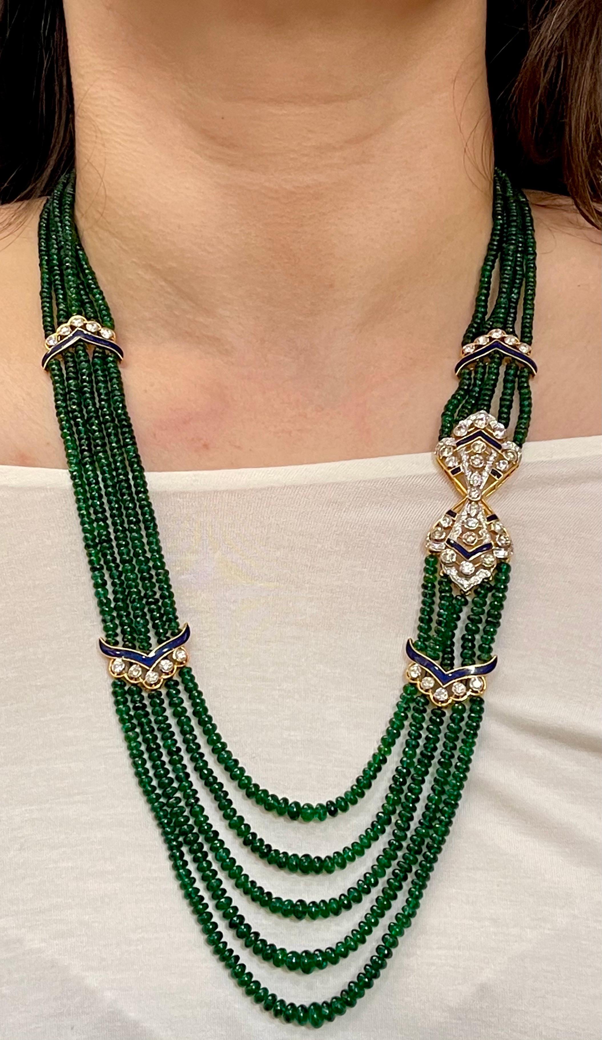 300 Carat 5-Strand Emerald Necklace with 4.8 Carat Diamond & Enamel in 14k Gold For Sale 7