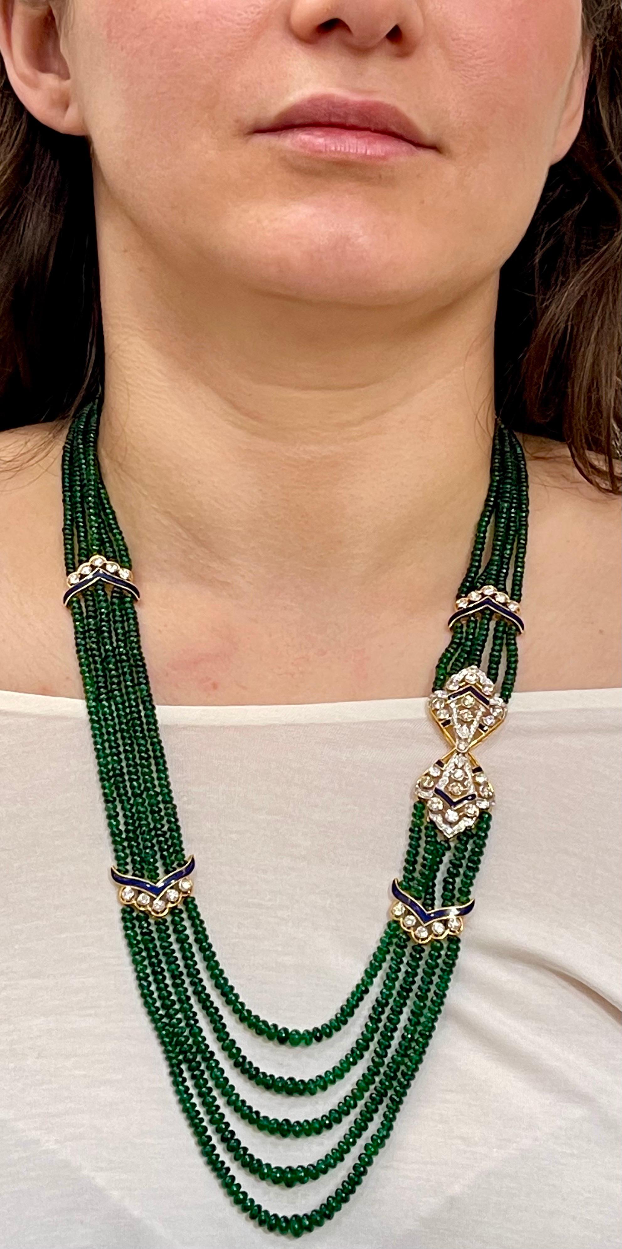 Bead 300 Carat 5-Strand Emerald Necklace with 4.8 Carat Diamond & Enamel in 14k Gold For Sale