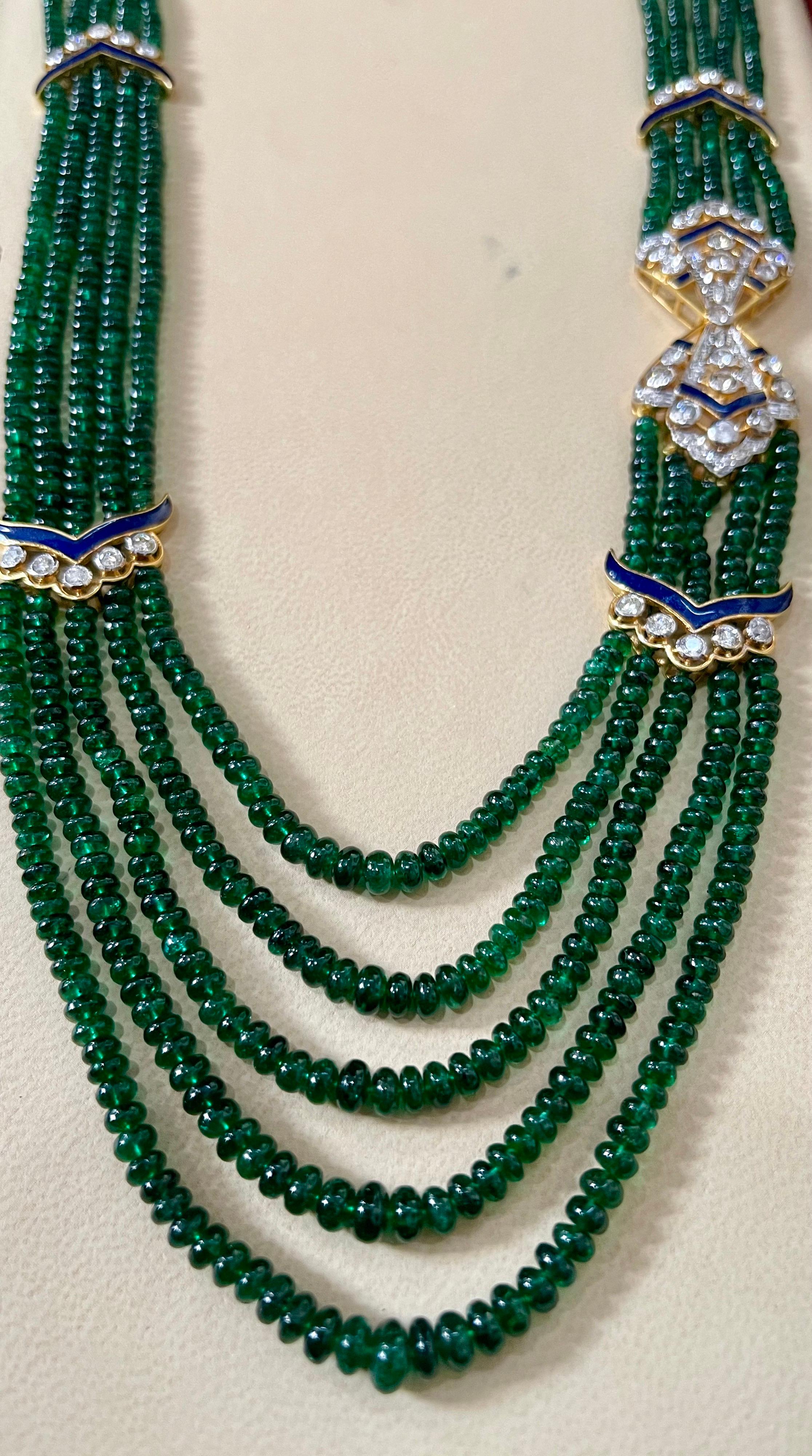 300 Carat 5-Strand Emerald Necklace with 4.8 Carat Diamond & Enamel in 14k Gold In Excellent Condition For Sale In New York, NY