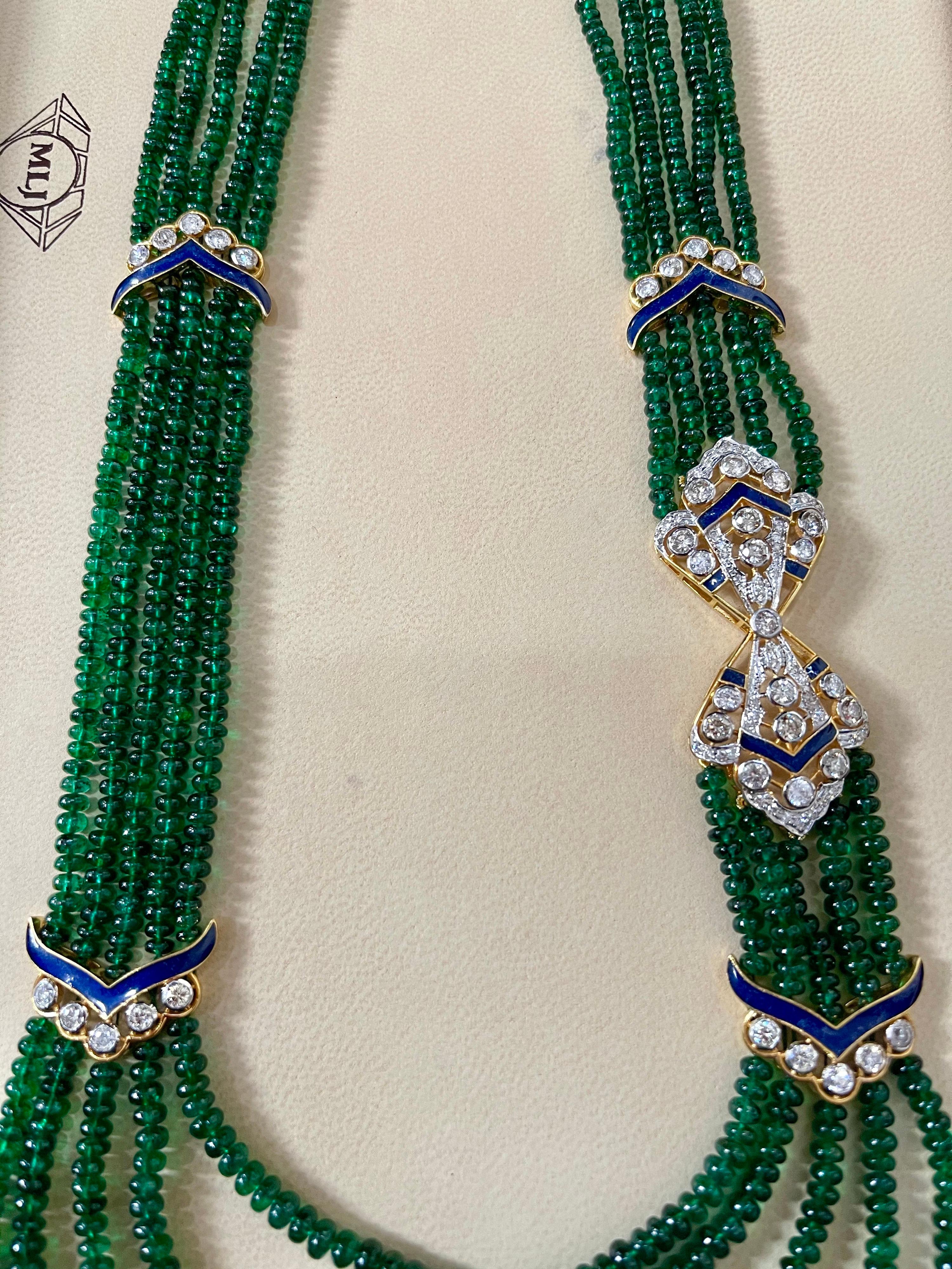 Women's 300 Carat 5-Strand Emerald Necklace with 4.8 Carat Diamond & Enamel in 14k Gold For Sale