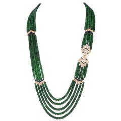 300 Carat 5-Strand Emerald Necklace with 4.8 Carat Diamond & Enamel in 14k Gold