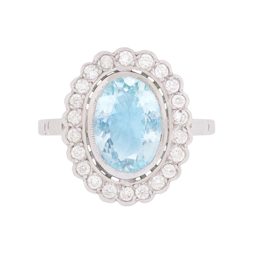 3.00ct Aquamarine and Diamond Halo Ring, circa 1950s For Sale