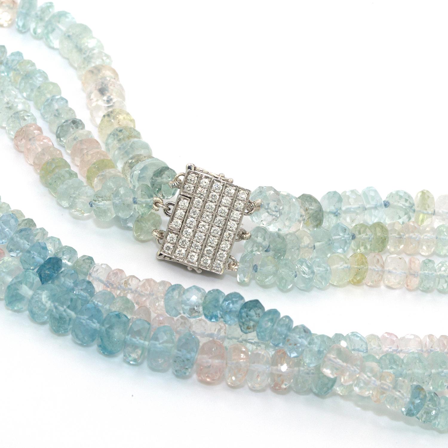 Contemporary 300 Carat Aquamarine and Pink Topaz 3 Strand Necklace For Sale