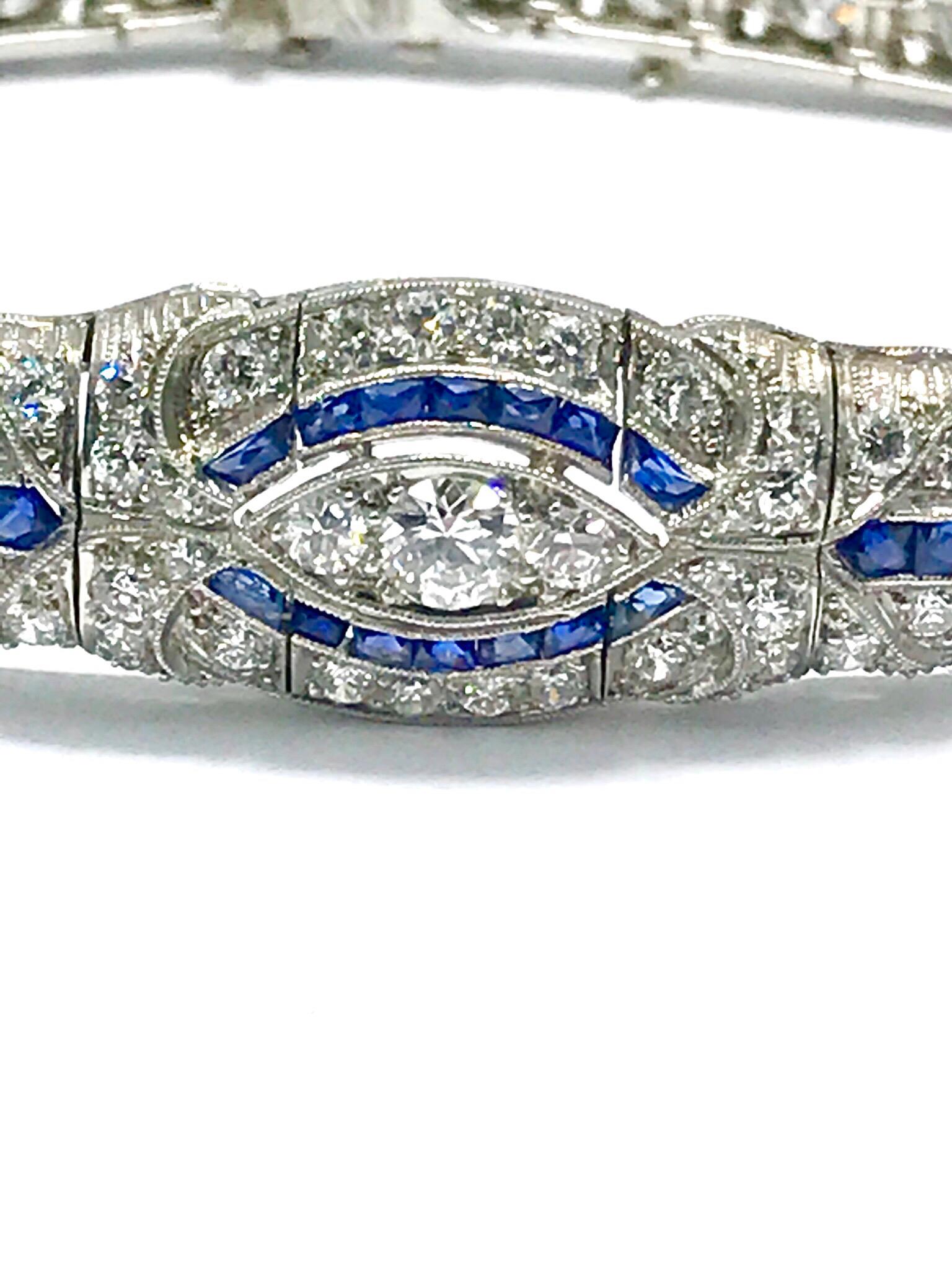 Round Cut 3.00 Carat Art Deco Diamond and Sapphire Platinum Bracelet