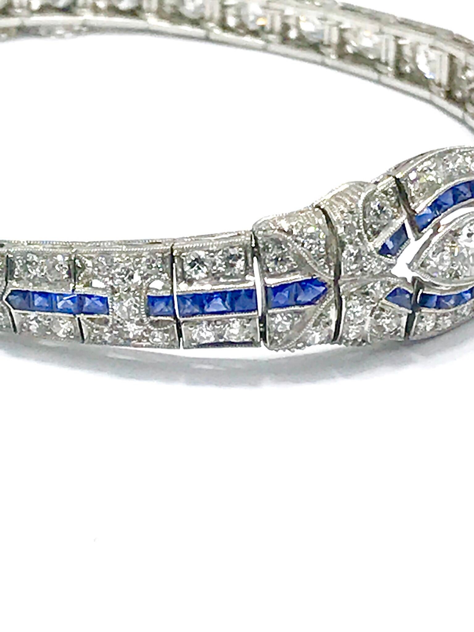 3.00 Carat Art Deco Diamond and Sapphire Platinum Bracelet In Excellent Condition In Chevy Chase, MD