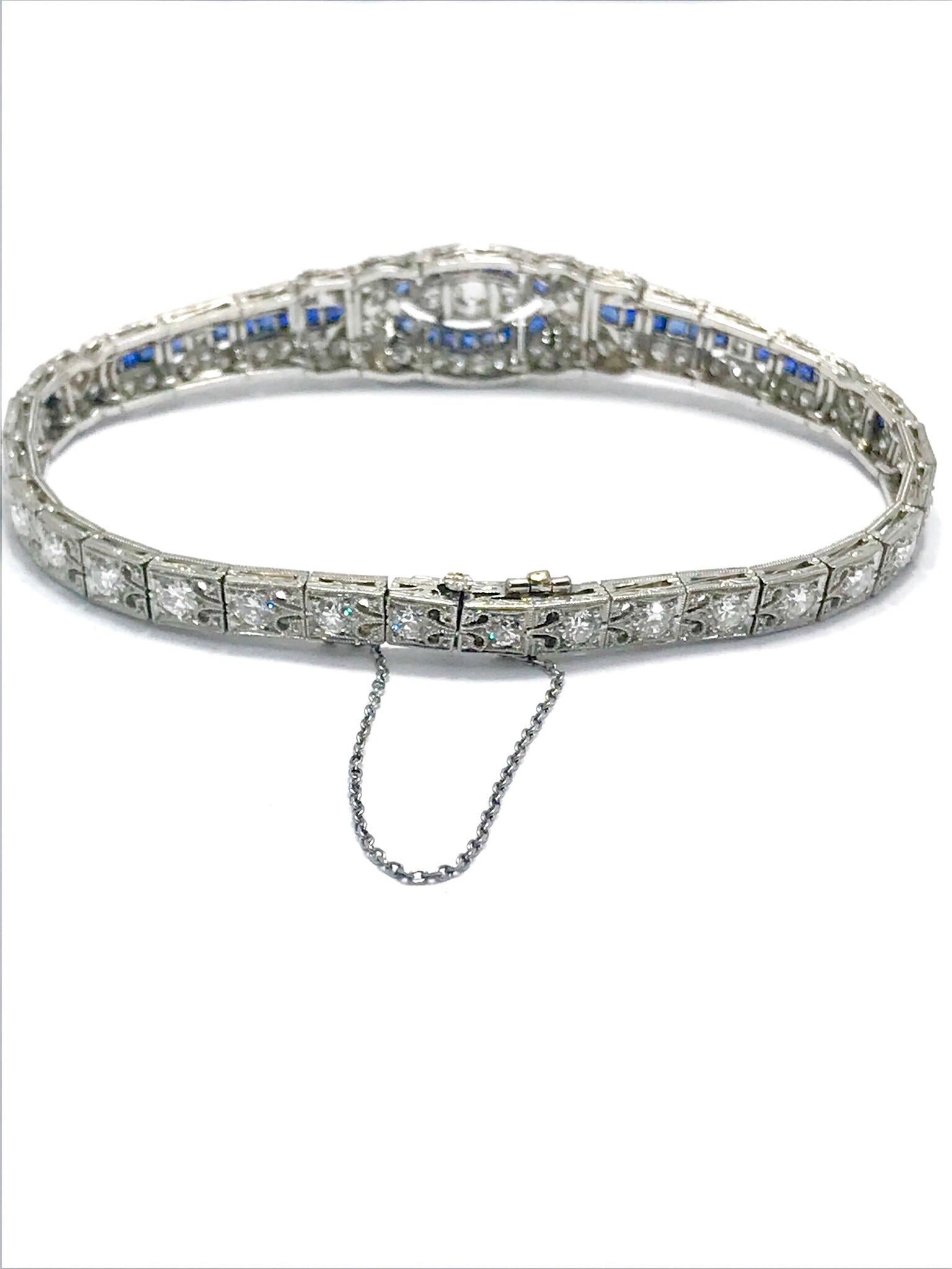 Women's or Men's 3.00 Carat Art Deco Diamond and Sapphire Platinum Bracelet