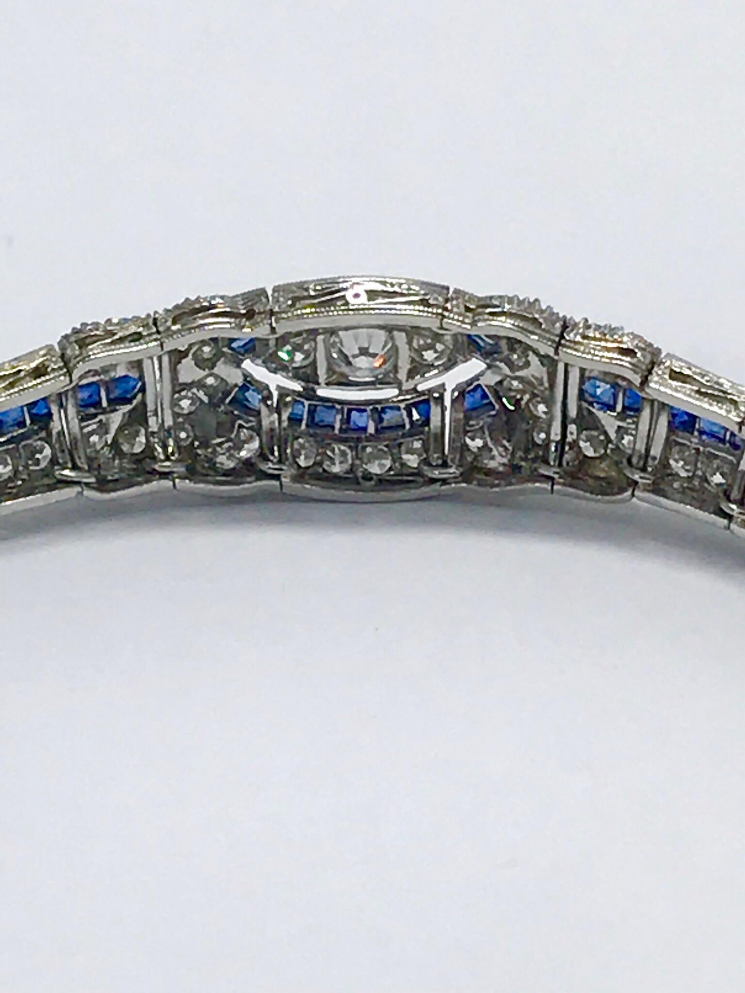 3.00 Carat Art Deco Diamond and Sapphire Platinum Bracelet 3
