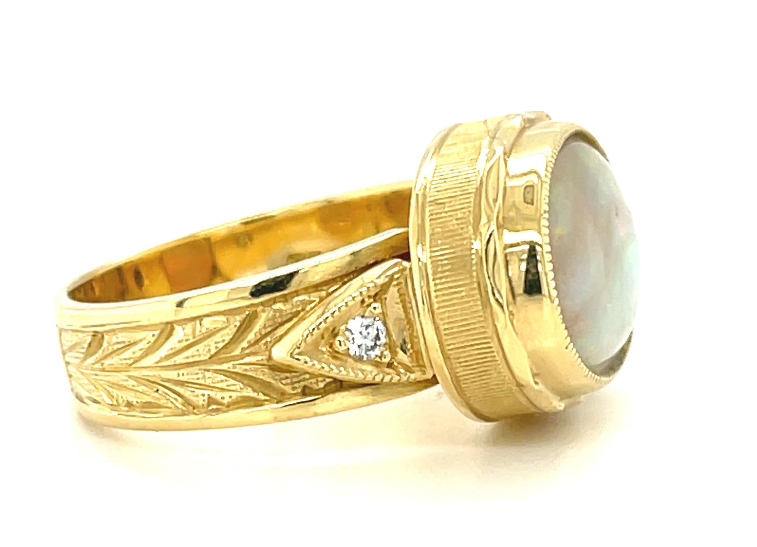 Cabochon 3.00 Carat Australian Opal and Diamond Band Ring in 18k Yellow Gold