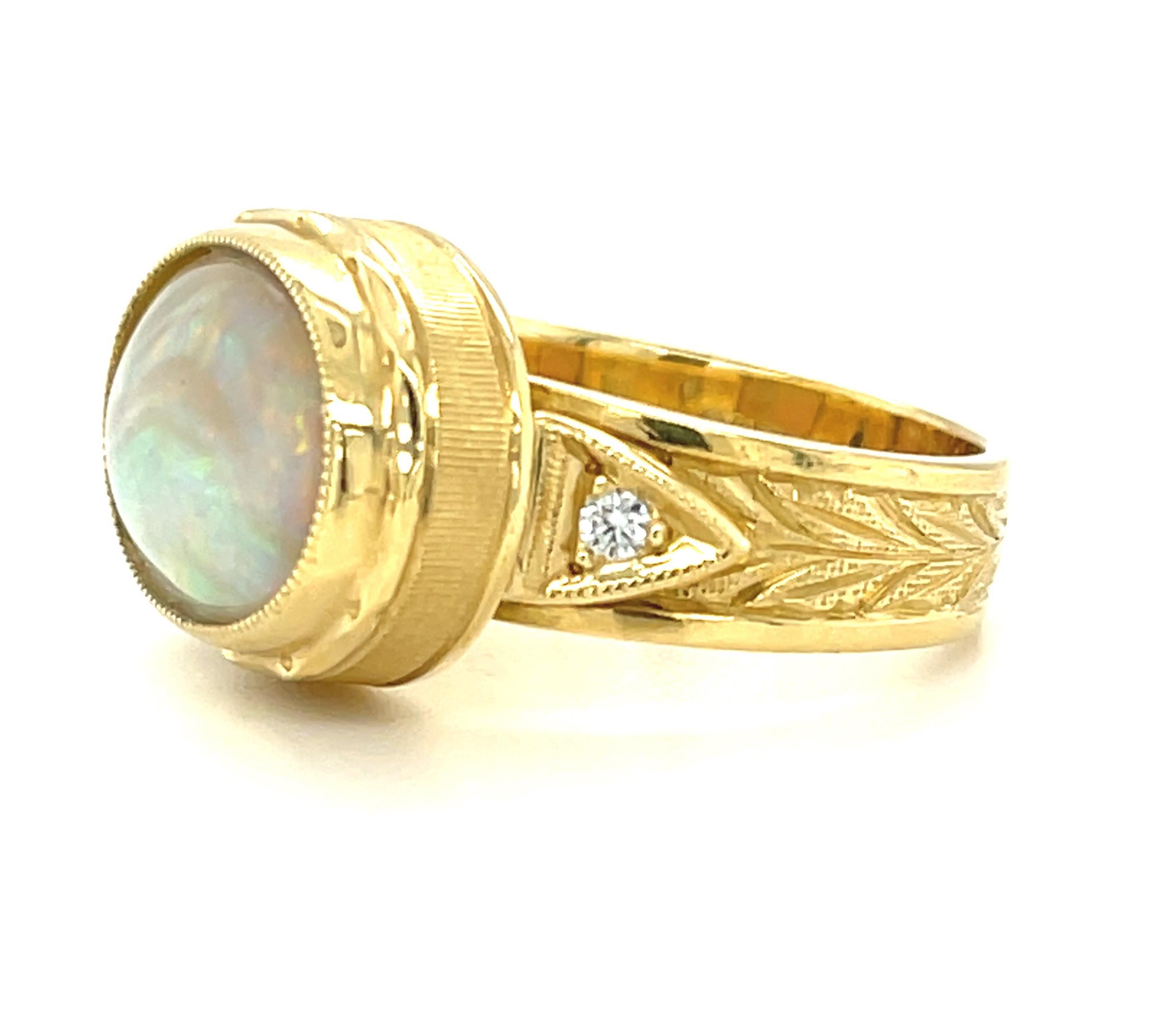 Women's or Men's 3.00 Carat Australian Opal and Diamond Band Ring in 18k Yellow Gold