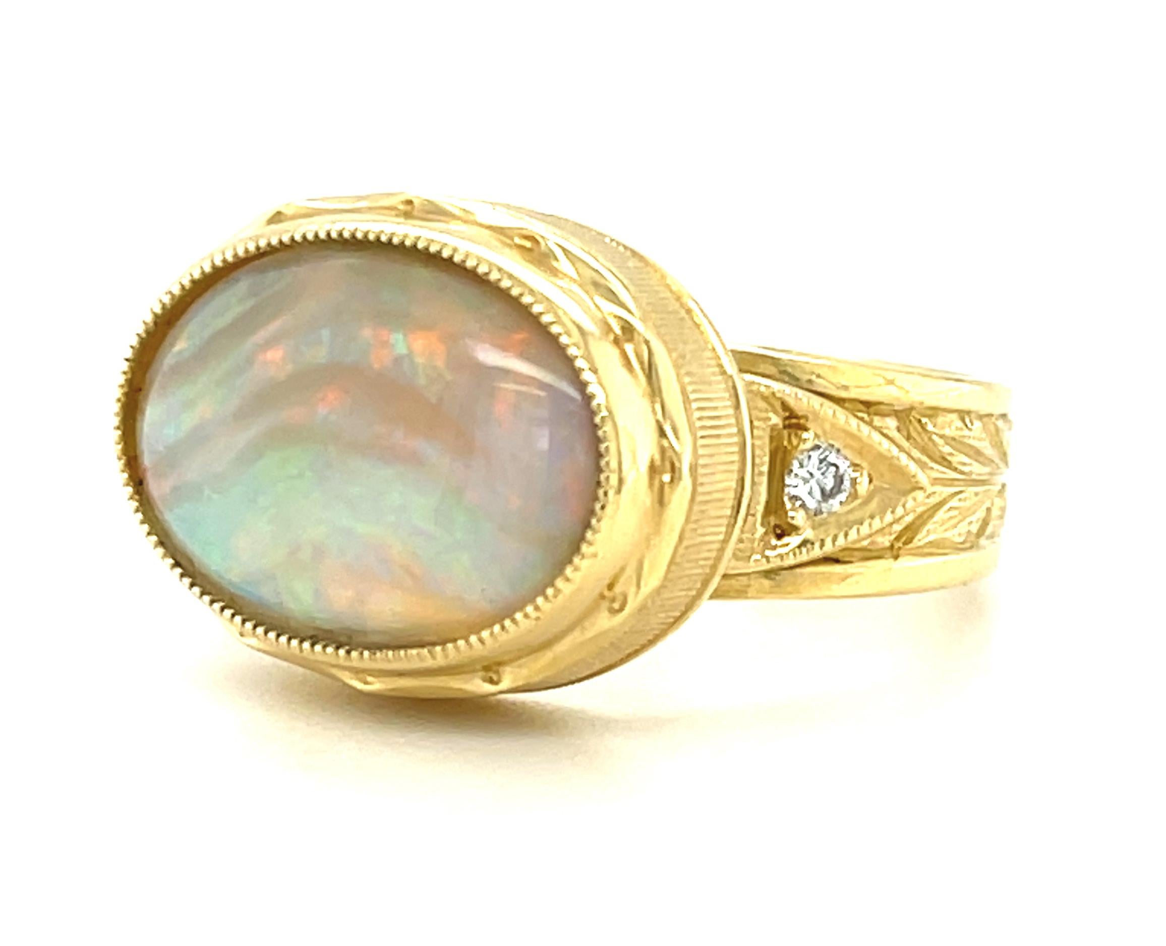 3.00 Carat Australian Opal and Diamond Band Ring in 18k Yellow Gold 1