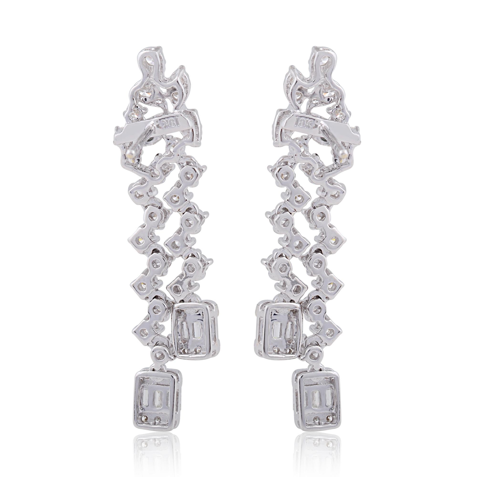Modern 3.00 Carat Baguette Round Diamond Dangle Earrings 18 Karat White Gold Jewelry For Sale