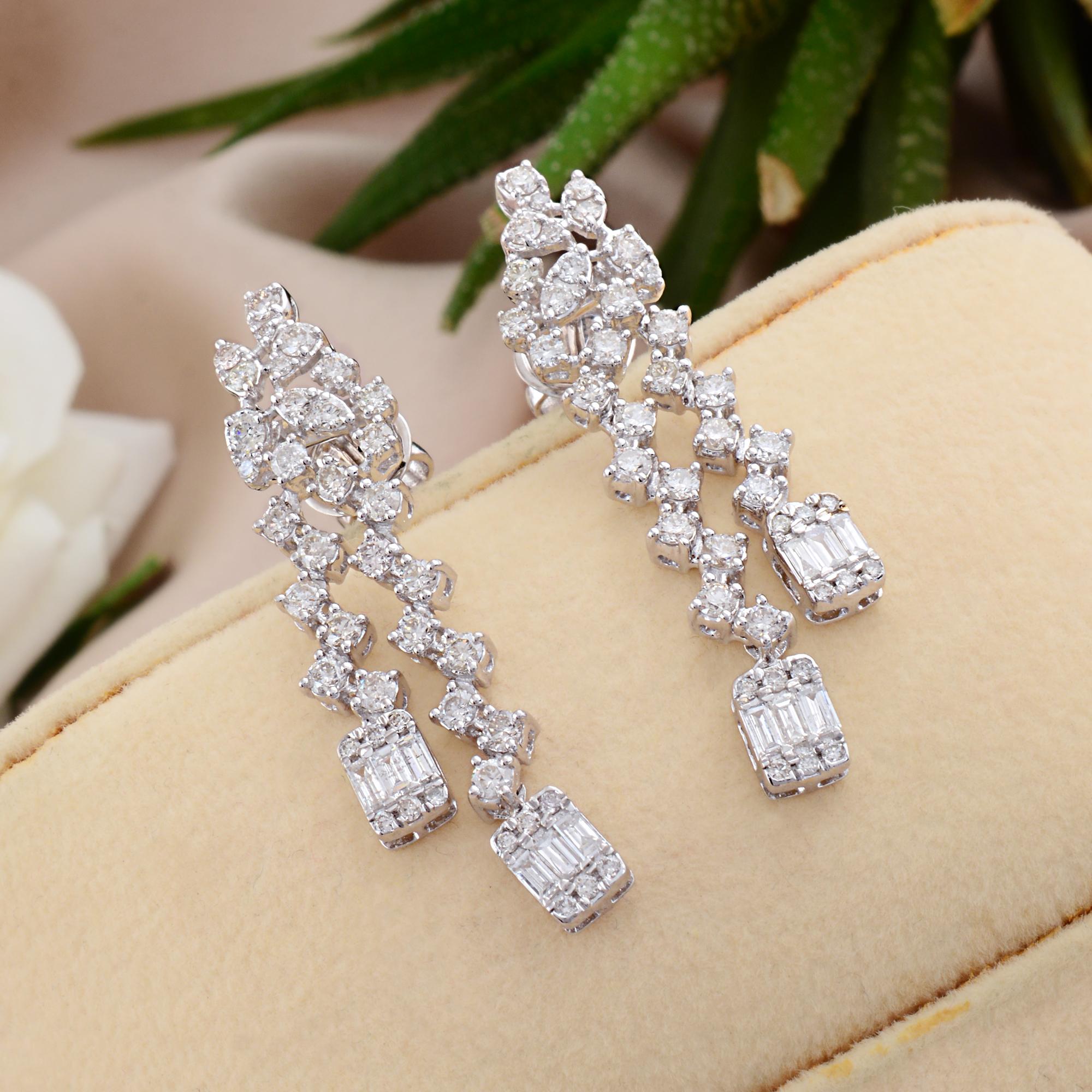 Baguette Cut 3.00 Carat Baguette Round Diamond Dangle Earrings 18 Karat White Gold Jewelry For Sale