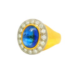 3.00 Carat Blue Sapphire Diamond 18K Gold Bezel Halo Ring