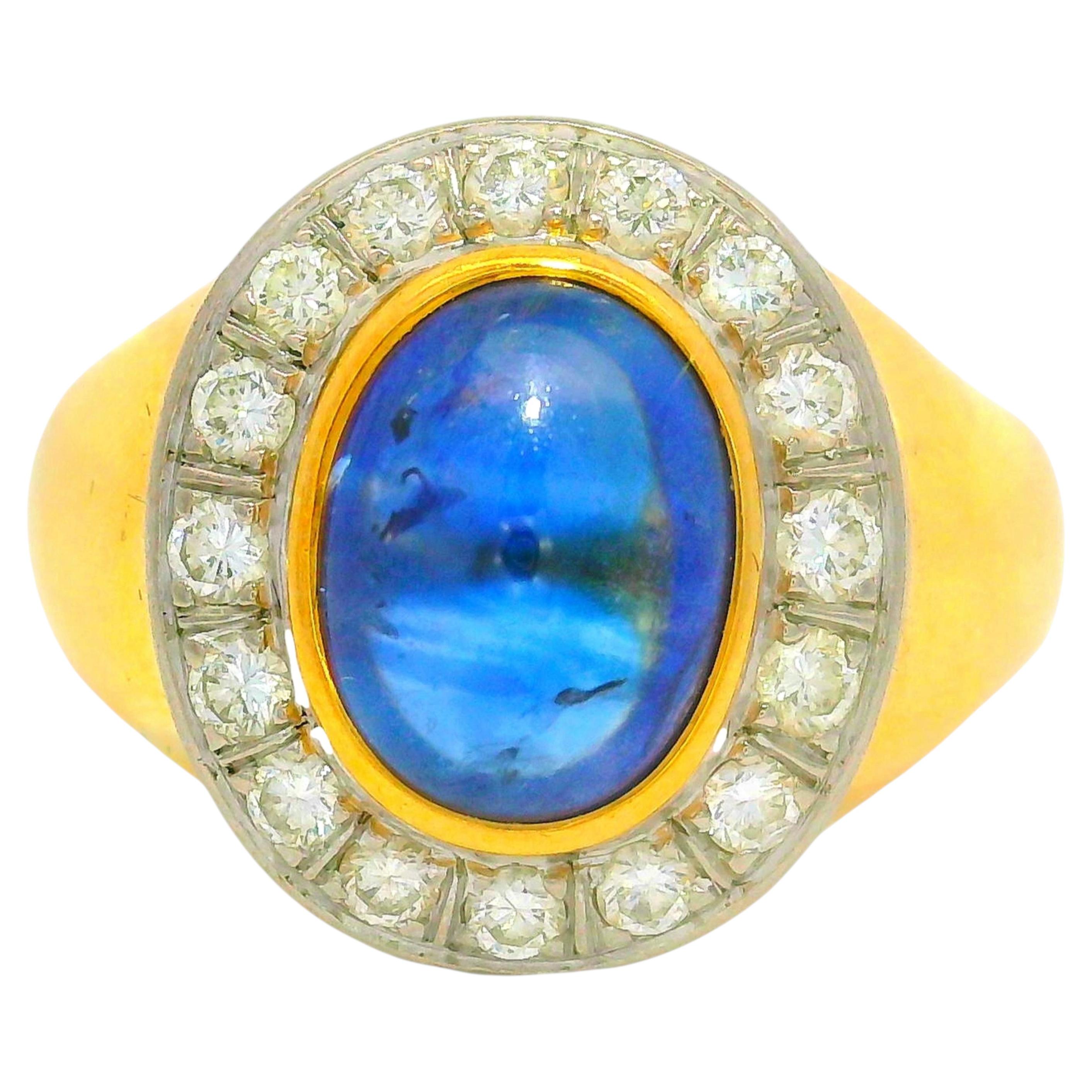 3.00 Carat Blue Sapphire Diamond 18K Gold Bezel Halo Ring