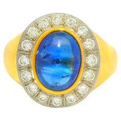3.00 Carat Blue Sapphire Diamond 18K Gold Bezel Halo Ring