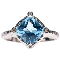 3.00 Carat Blue Topaz Cushion Cut 14 Karat White Gold Diamond Solitaire Ring