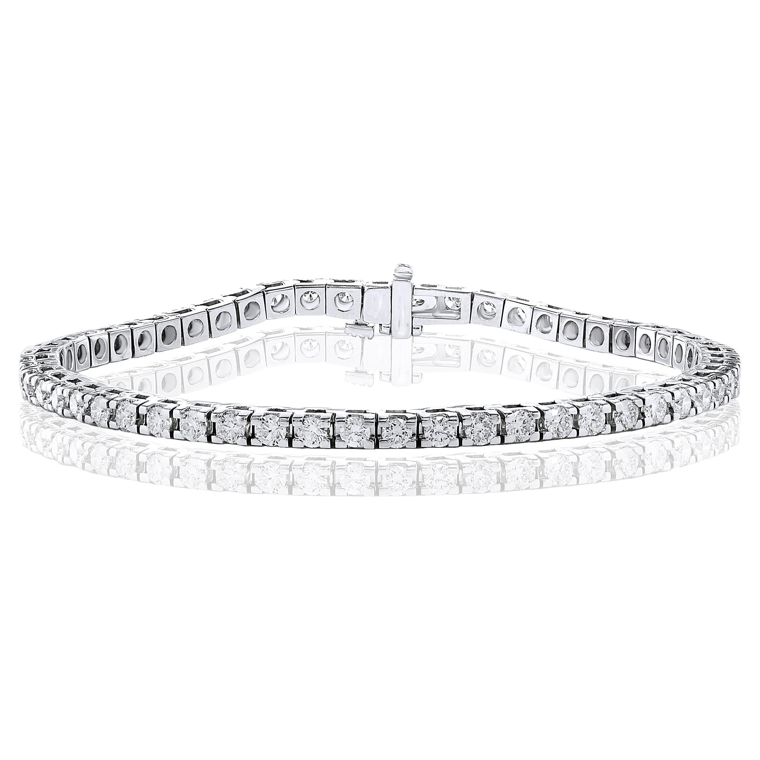 Bracelet de tennis en or blanc 14 carats avec diamant rond taillé en brillant de 3,00 carats