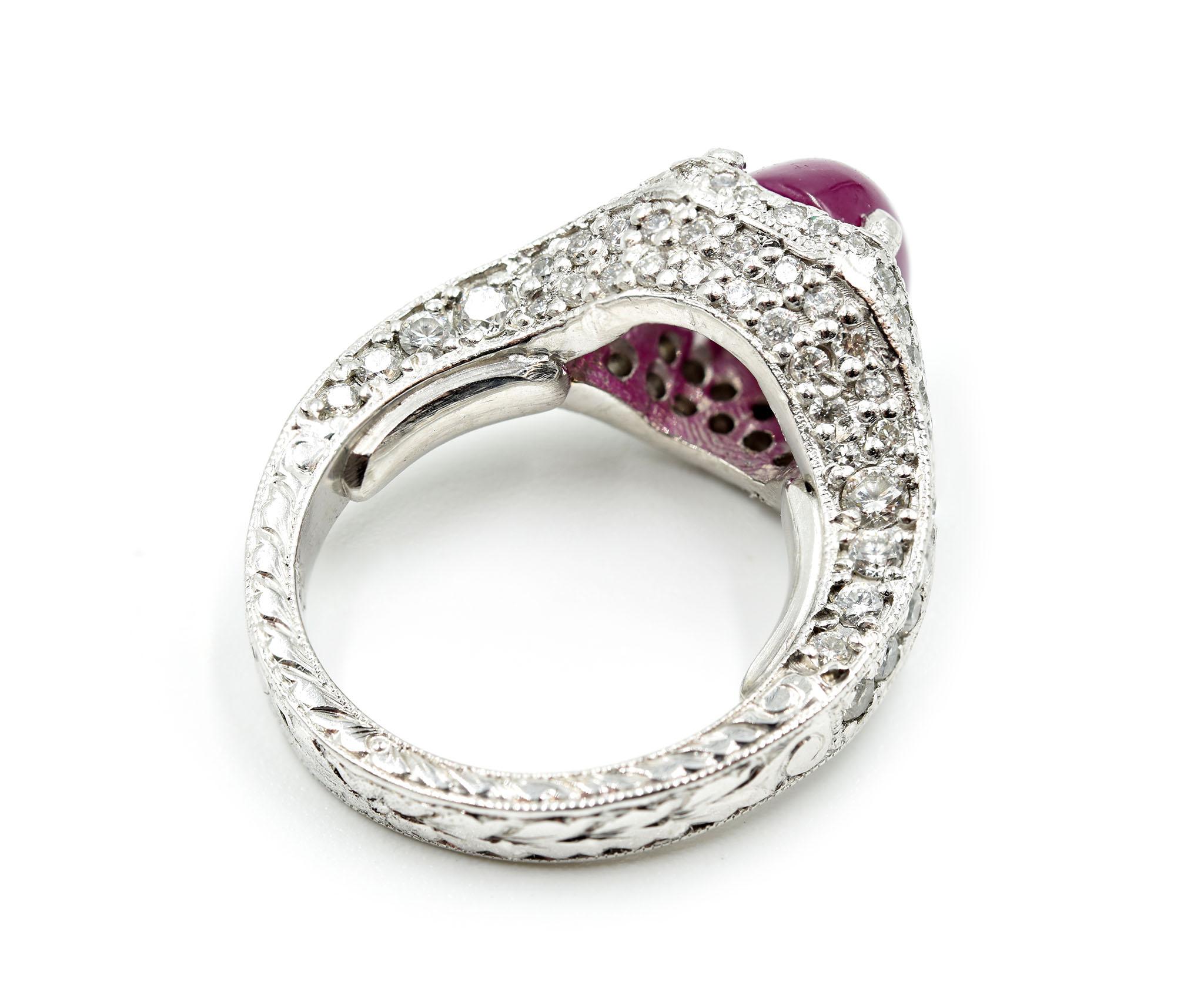 Modern 3.00 Carat Cabochon Ruby and Pave Set Diamond Platinum Ring