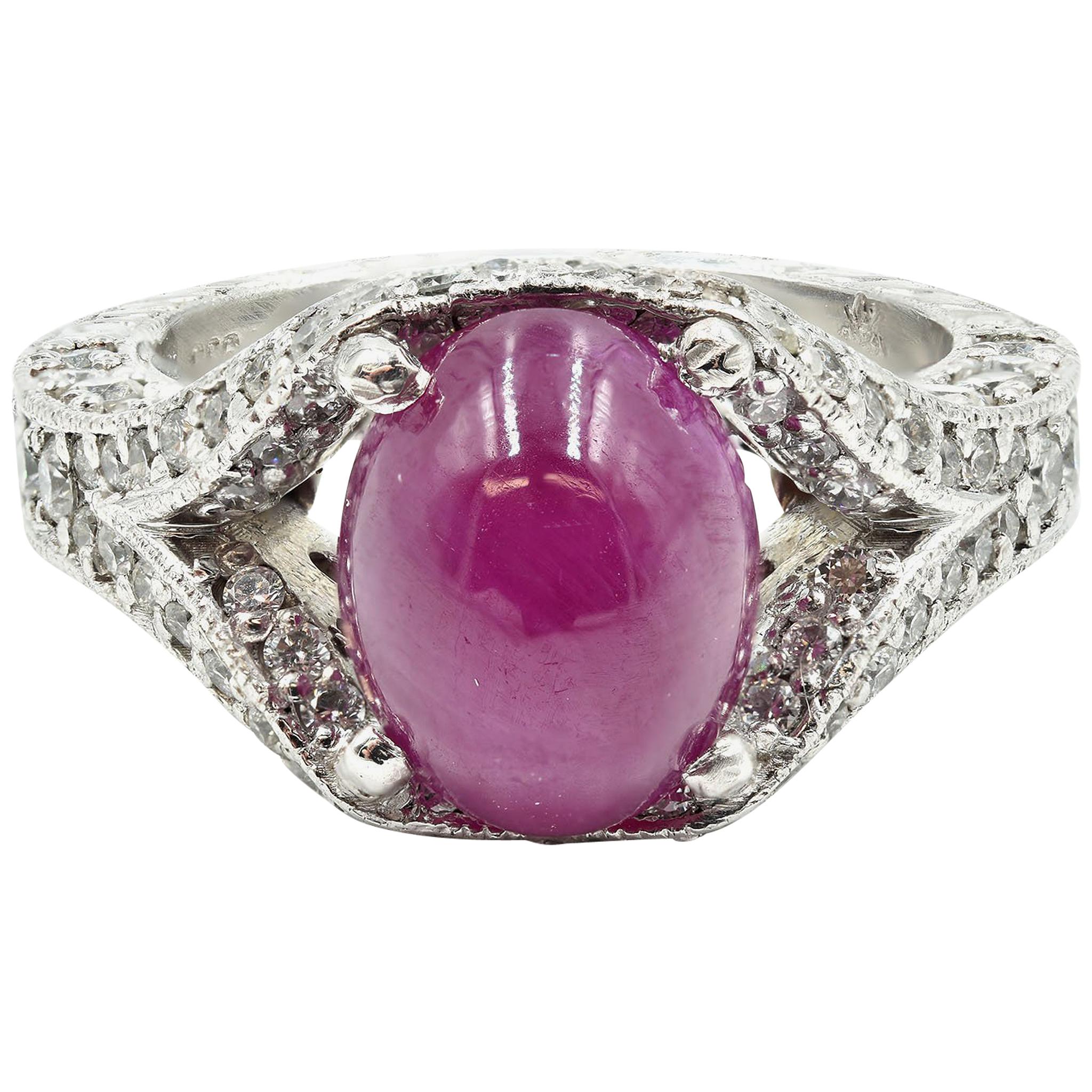 3.00 Carat Cabochon Ruby and Pave Set Diamond Platinum Ring