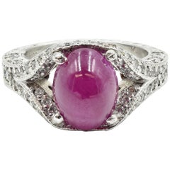 3.00 Carat Cabochon Ruby and Pave Set Diamond Platinum Ring