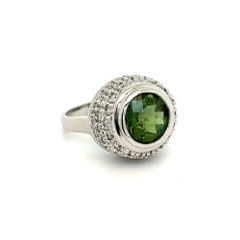 3.00 Carat Checkerboard Green Tourmaline and Pave Diamond Gold Vintage Ring