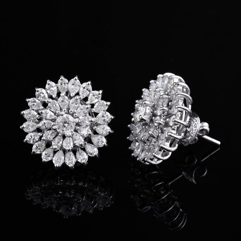 Artisan 3.00 Carat Diamond 14 Karat White Gold Floral Stud Earrings For Sale