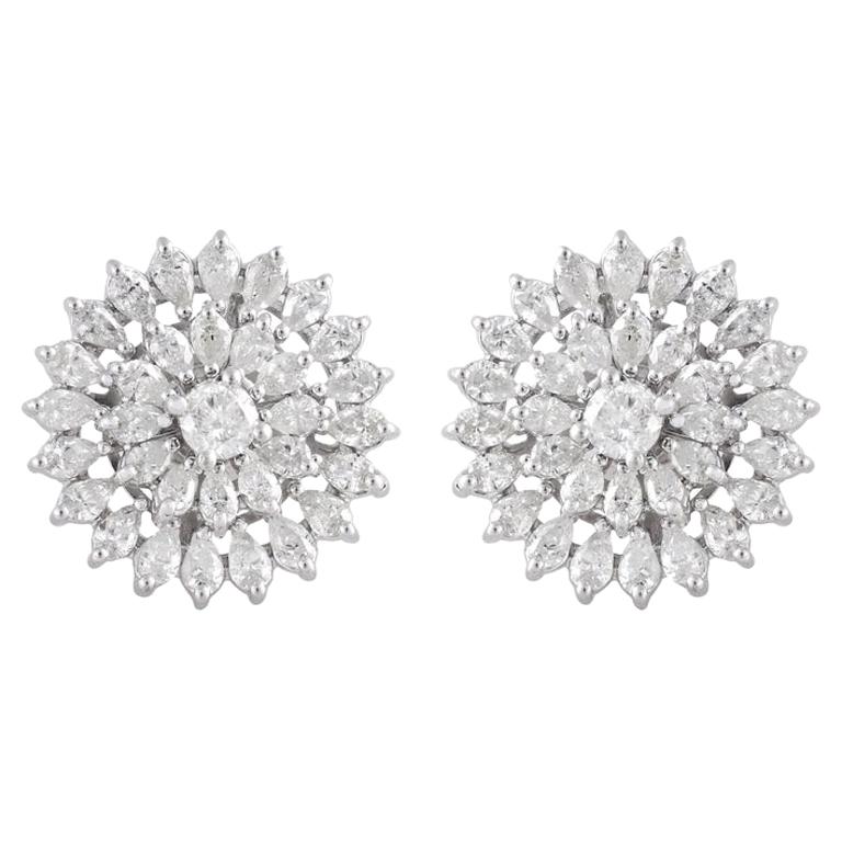 3.00 Carat Diamond 14 Karat White Gold Floral Stud Earrings For Sale