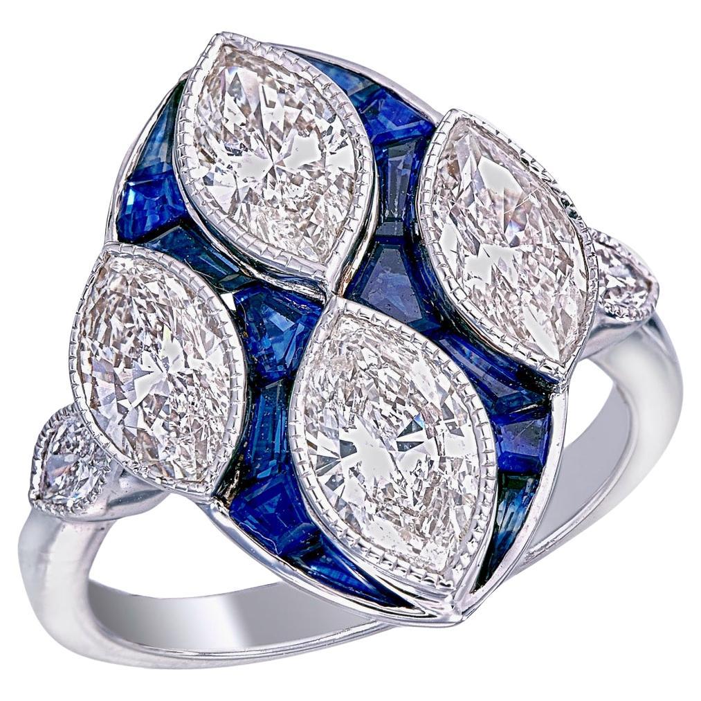 3.00 Carat Diamond And Blue Sapphire Ring In18 Karat White Gold For Sale