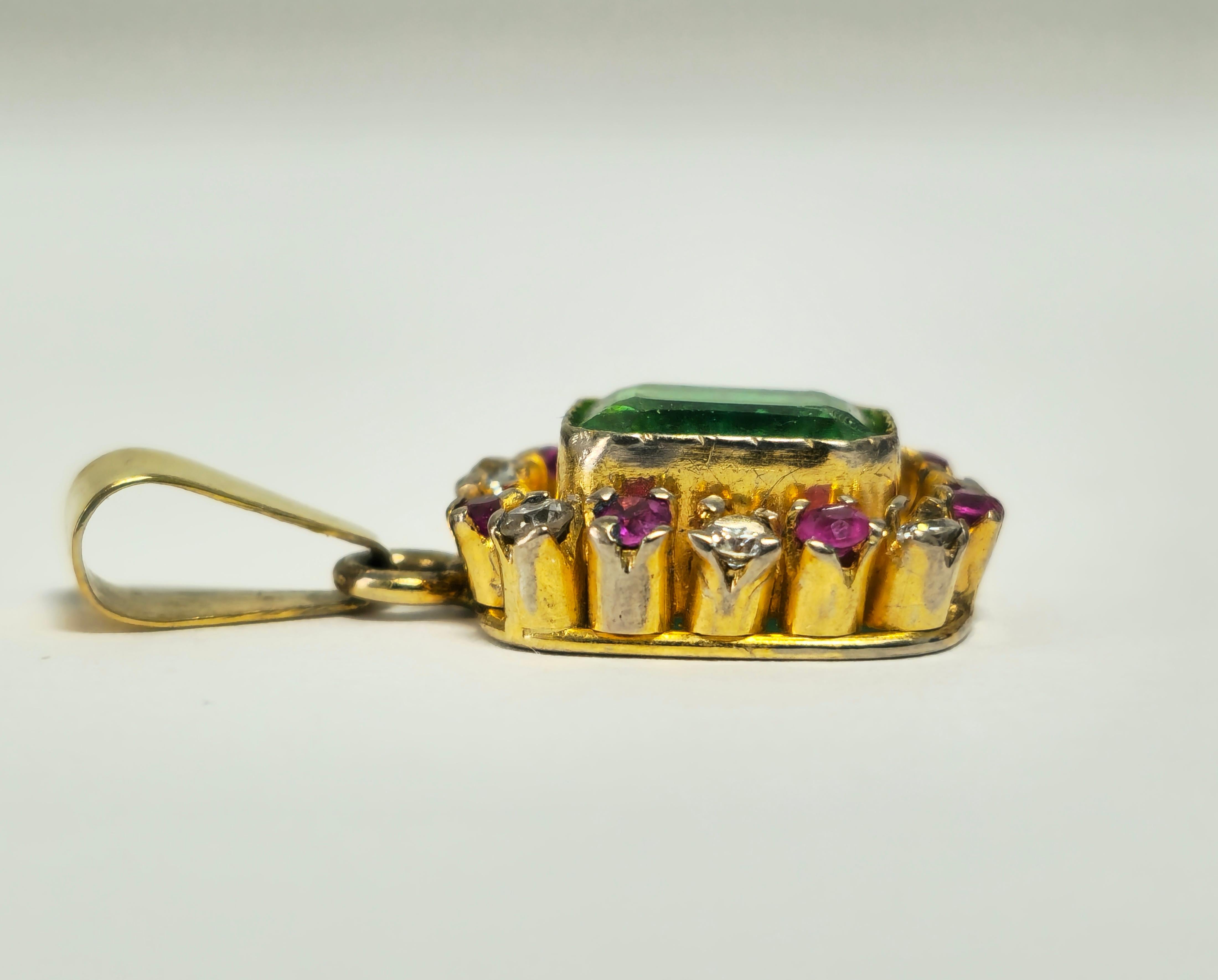 Brilliant Cut 3.00 Carat Diamond, Emerald & Ruby Pendant. 18K Gold For Sale