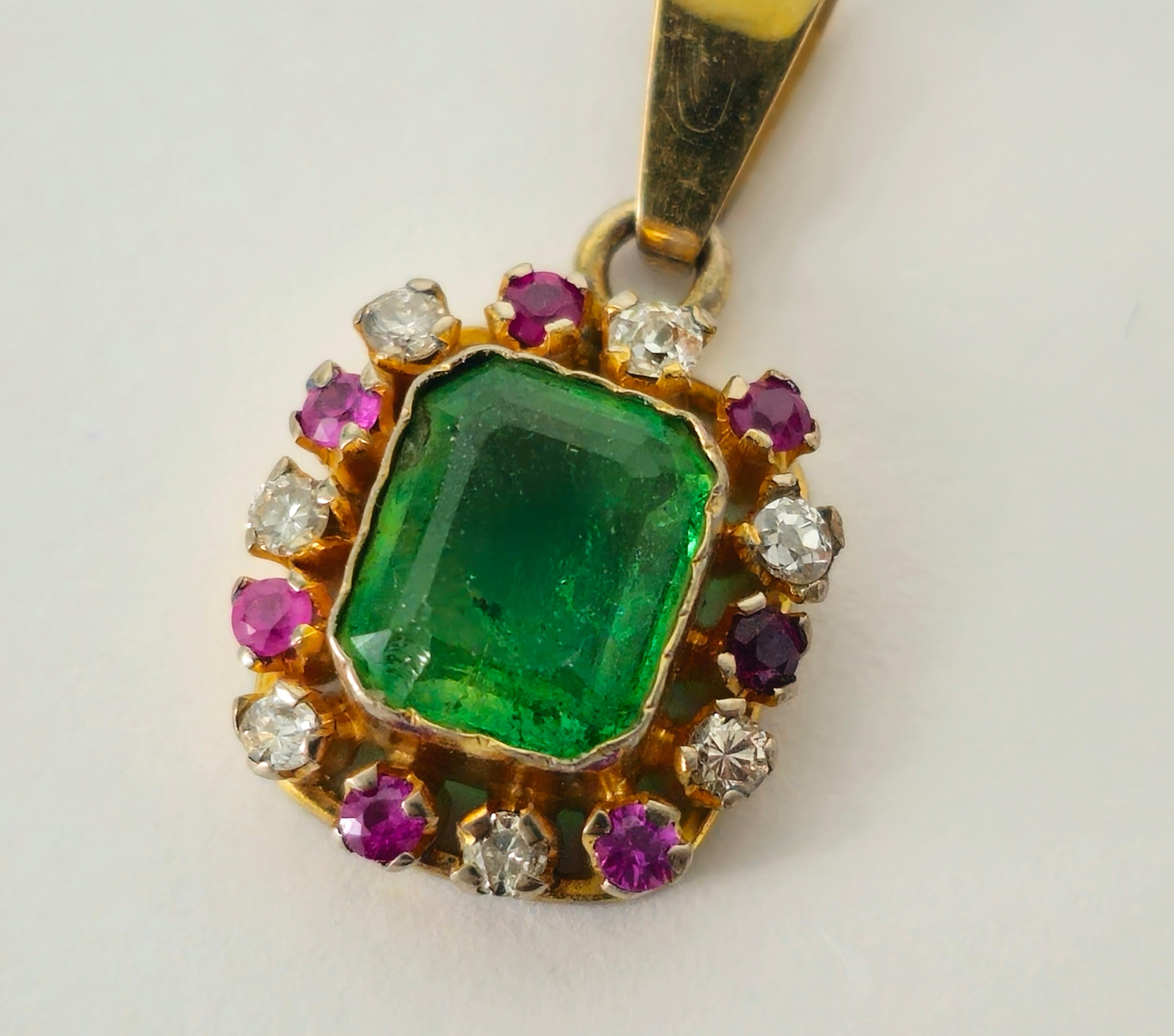 Women's or Men's 3.00 Carat Diamond, Emerald & Ruby Pendant. 18K Gold For Sale