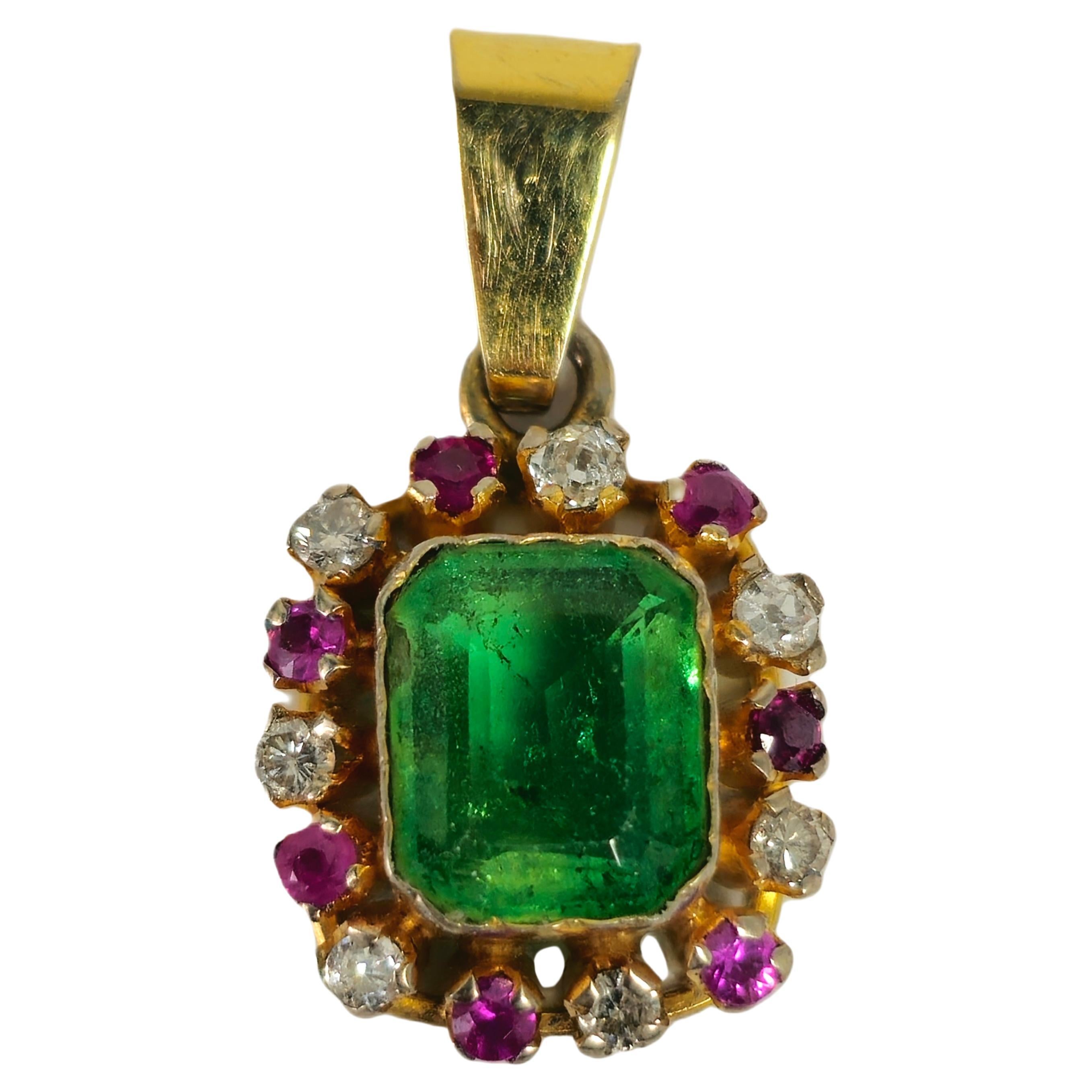 3.00 Carat Diamond, Emerald & Ruby Pendant. 18K Gold For Sale