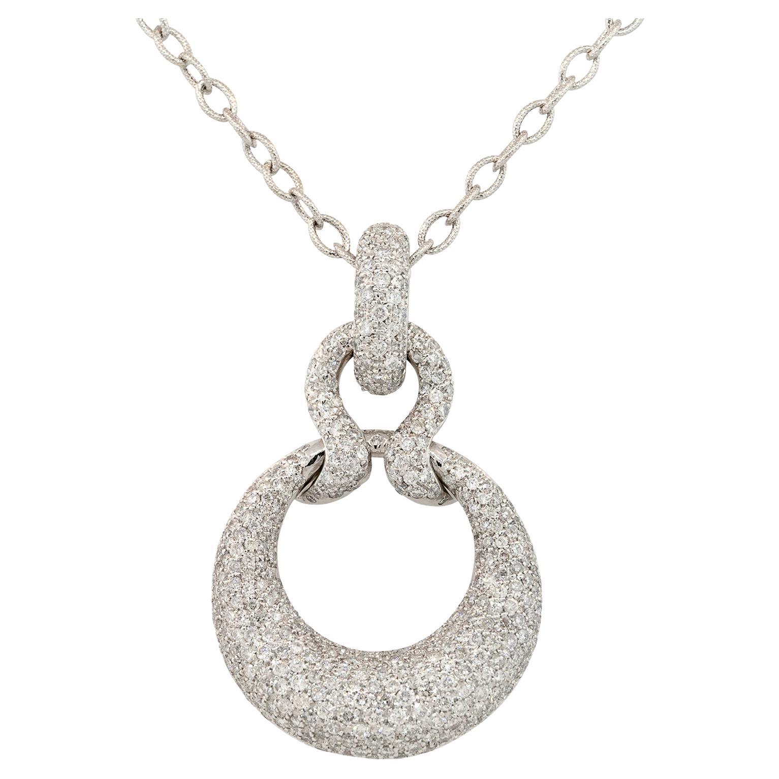 3.00 Carat Diamond Pave Round Pendant Necklace 14 Karat in Stock For Sale