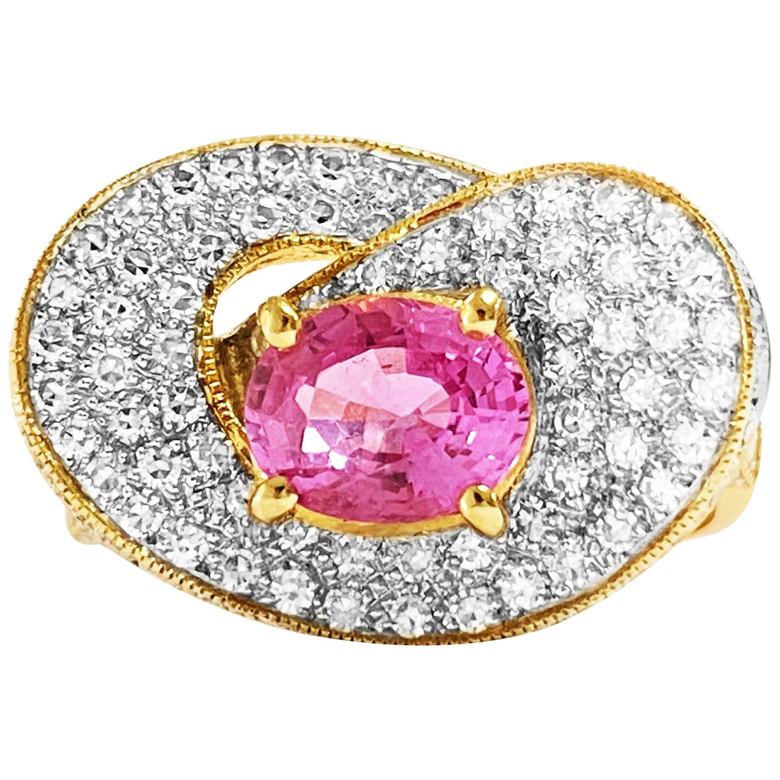 3.00 Carat Diamond Pink Sapphire Fancy Womens Ring 18 Karat Yellow Gold For Sale