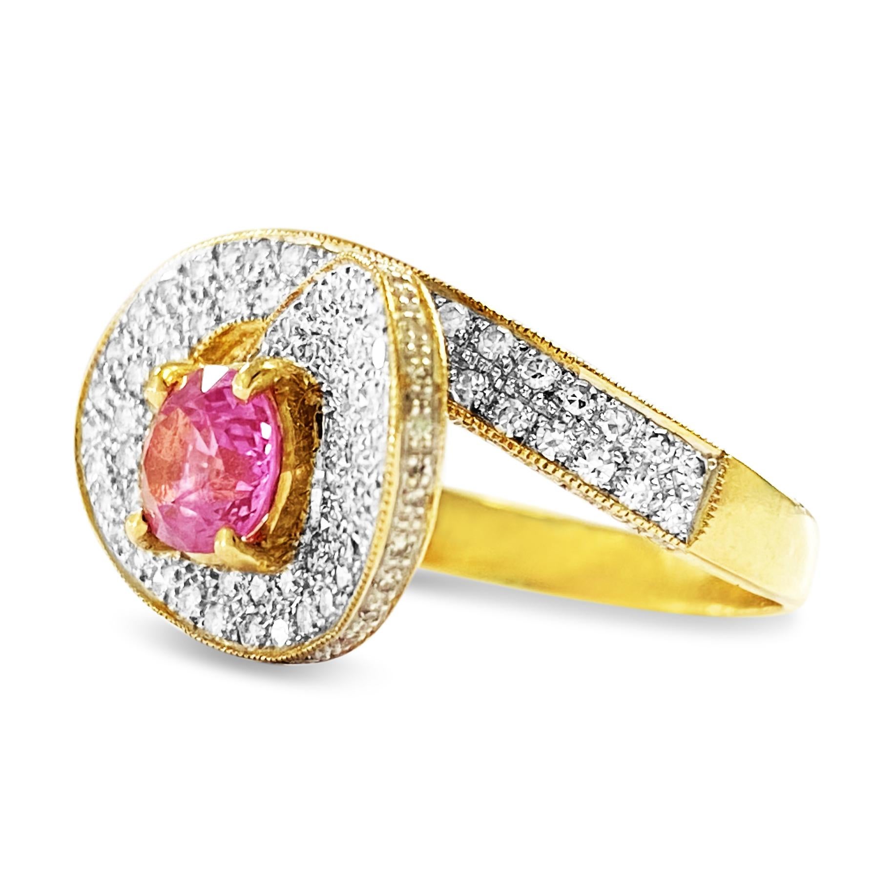 Metal: 18K Yellow Gold
Diamonds: 1.50 Carat Weight Total
VS clarity. G-H color. 100% natural earth mined. 

1.50 carat pink sapphire. Oval shape. 
100% natural earth mined. 

Total carat weight of all stones: 3.00 carats. 

Beautiful diamond and