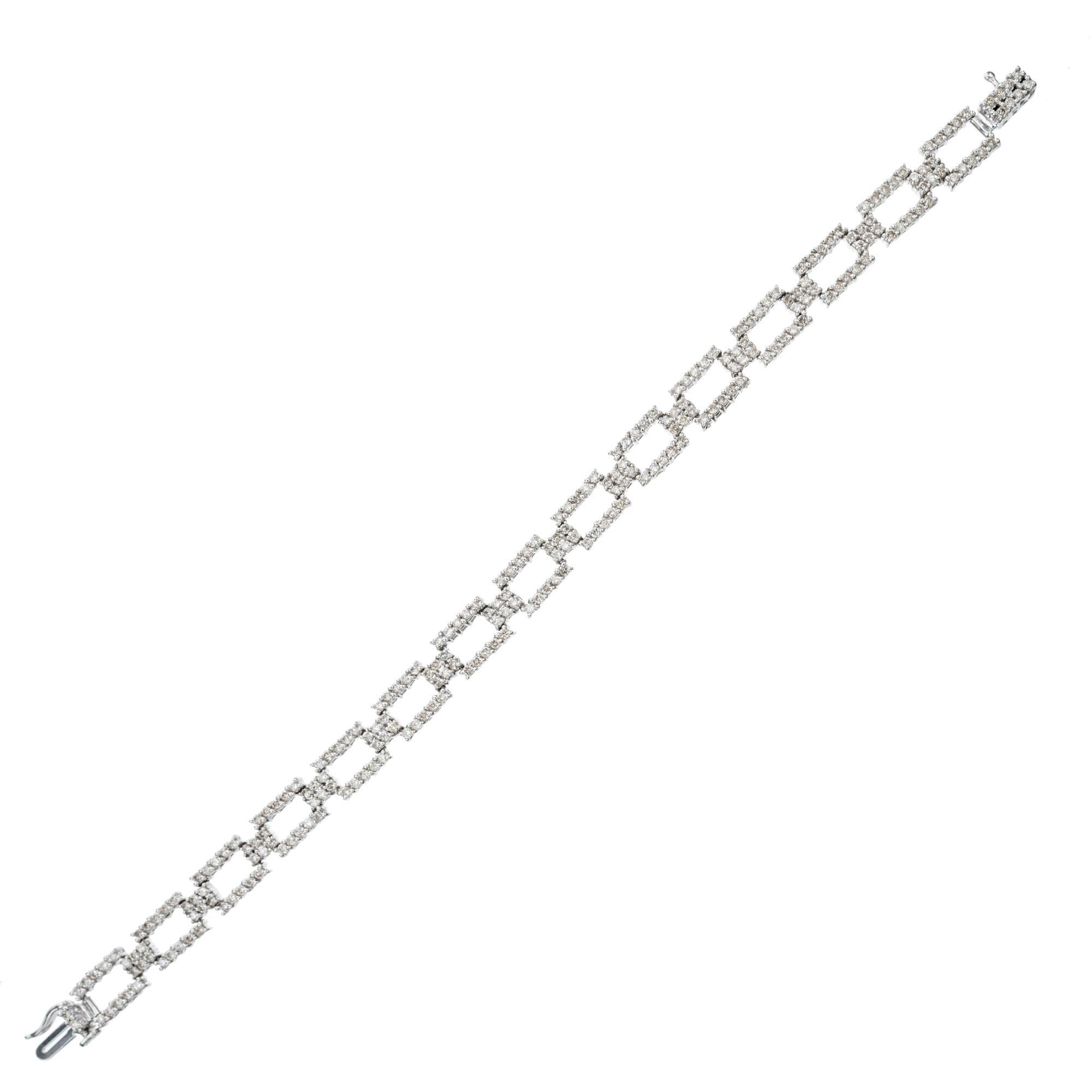 Diamond white gold link bracelet.  The bracelet consists of open rectangular links which are adorned with 244 round full cut diamonds totaling approximately 3.00cts. Connecting the links are diamond spacers. Made out of 14k white gold and measures