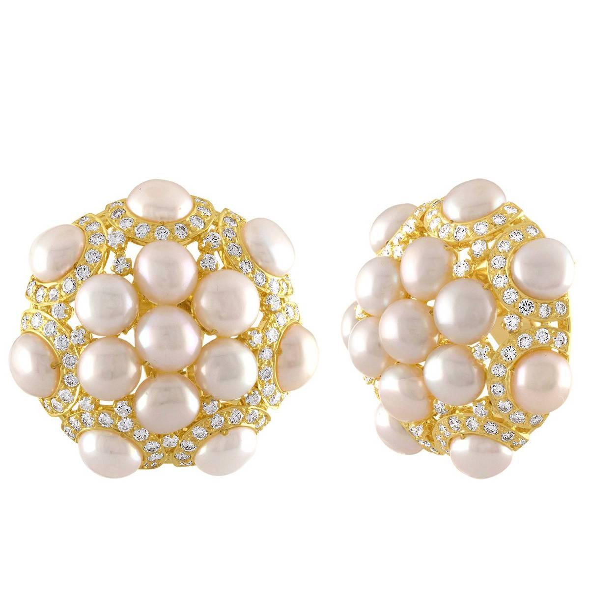3,00 Karat Diamanten und Perlen Clip-On Goldknopf-Ohrringe