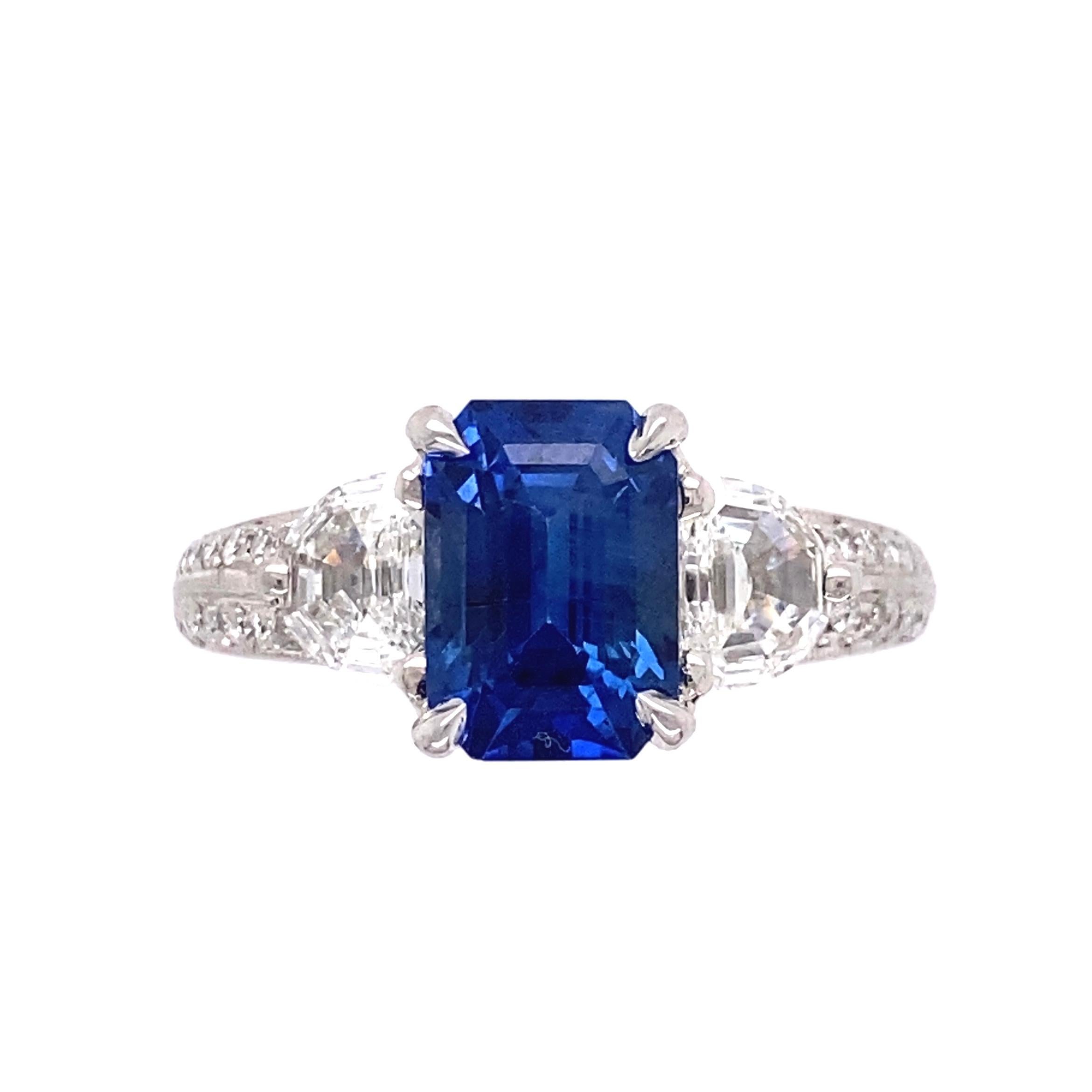 Modern 3.00 Carat Emerald Cut Sapphire and Diamond Platinum Ring Estate Fine Jewelry For Sale