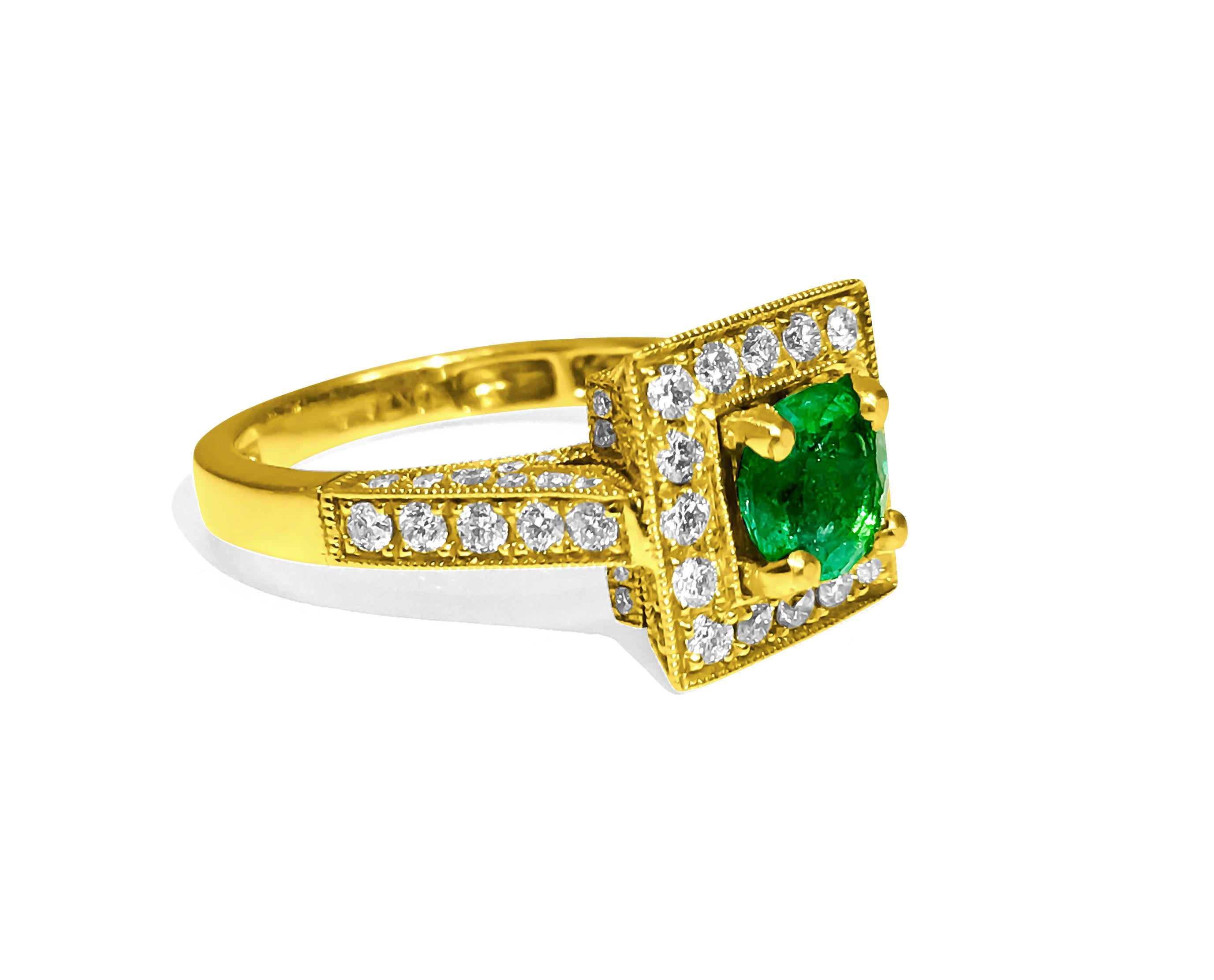 Metal: 18k yellow gold.
1.50 carat round emerald set in prongs. 100% natural earth mined emerald.

1.50 carat round brilliant cut diamonds. VS clarity and G color. 100% natural earth mined and genuine diamonds. 

Total carat weight of all precious