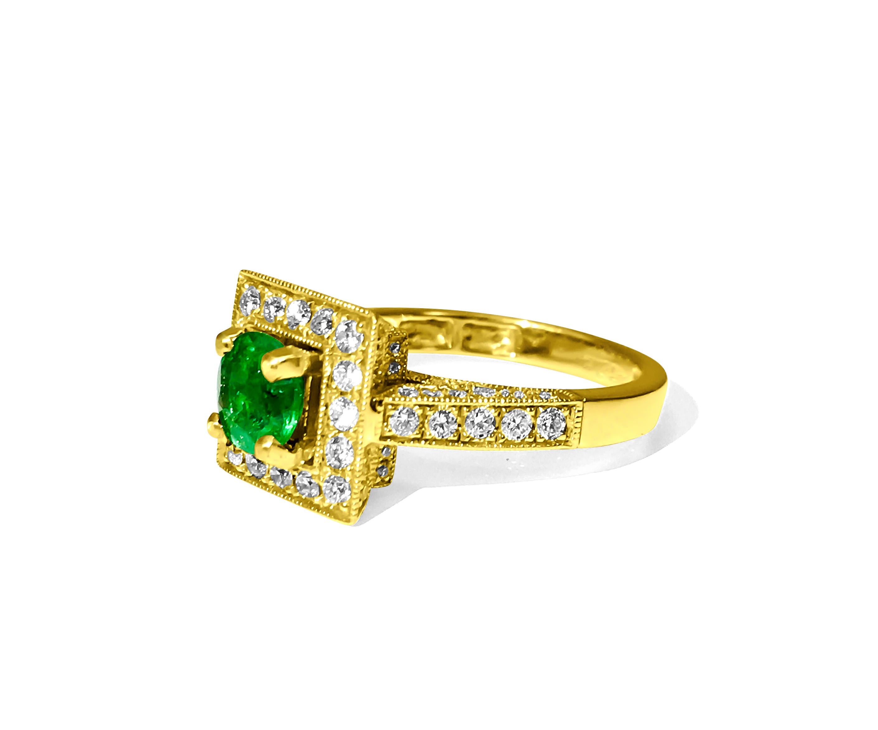 Discover timeless elegance with this stunning vintage art deco style engagement ring. Crafted from luxurious 18k yellow gold, it features a dazzling 1.50 carat round emerald set delicately in prongs, showcasing its natural earth-mined beauty.