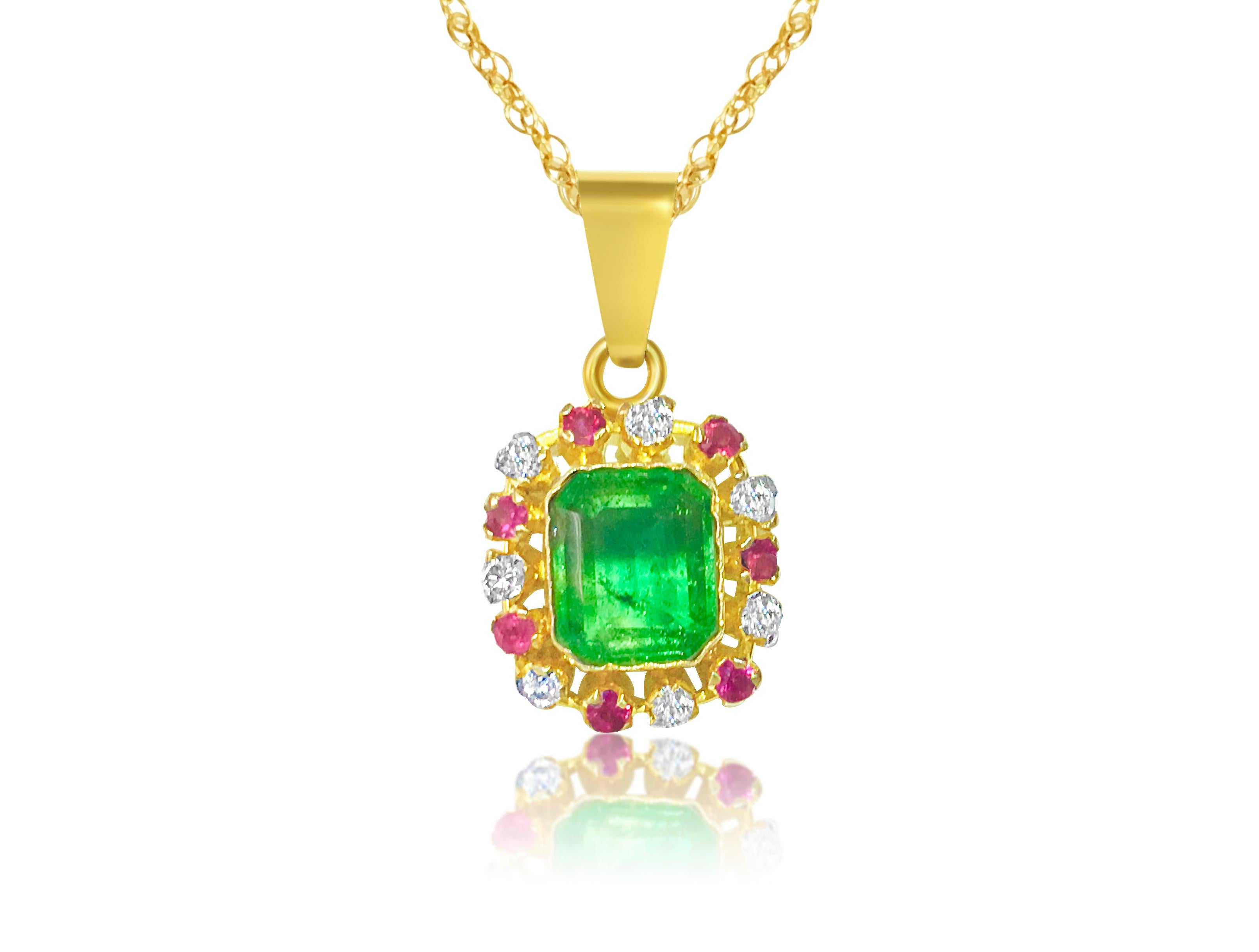 Contemporary 3.00 Carat Emerald Ruby Diamond Multi Gemstone Pendant 18 Karat Gold For Sale