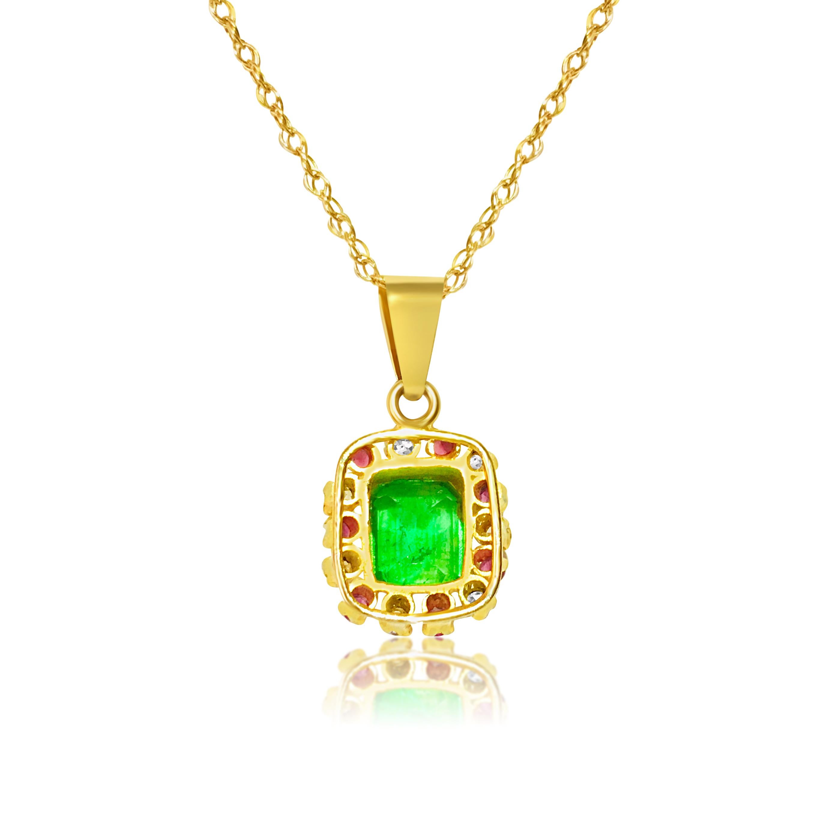 Emerald Cut 3.00 Carat Emerald Ruby Diamond Multi Gemstone Pendant 18 Karat Gold For Sale