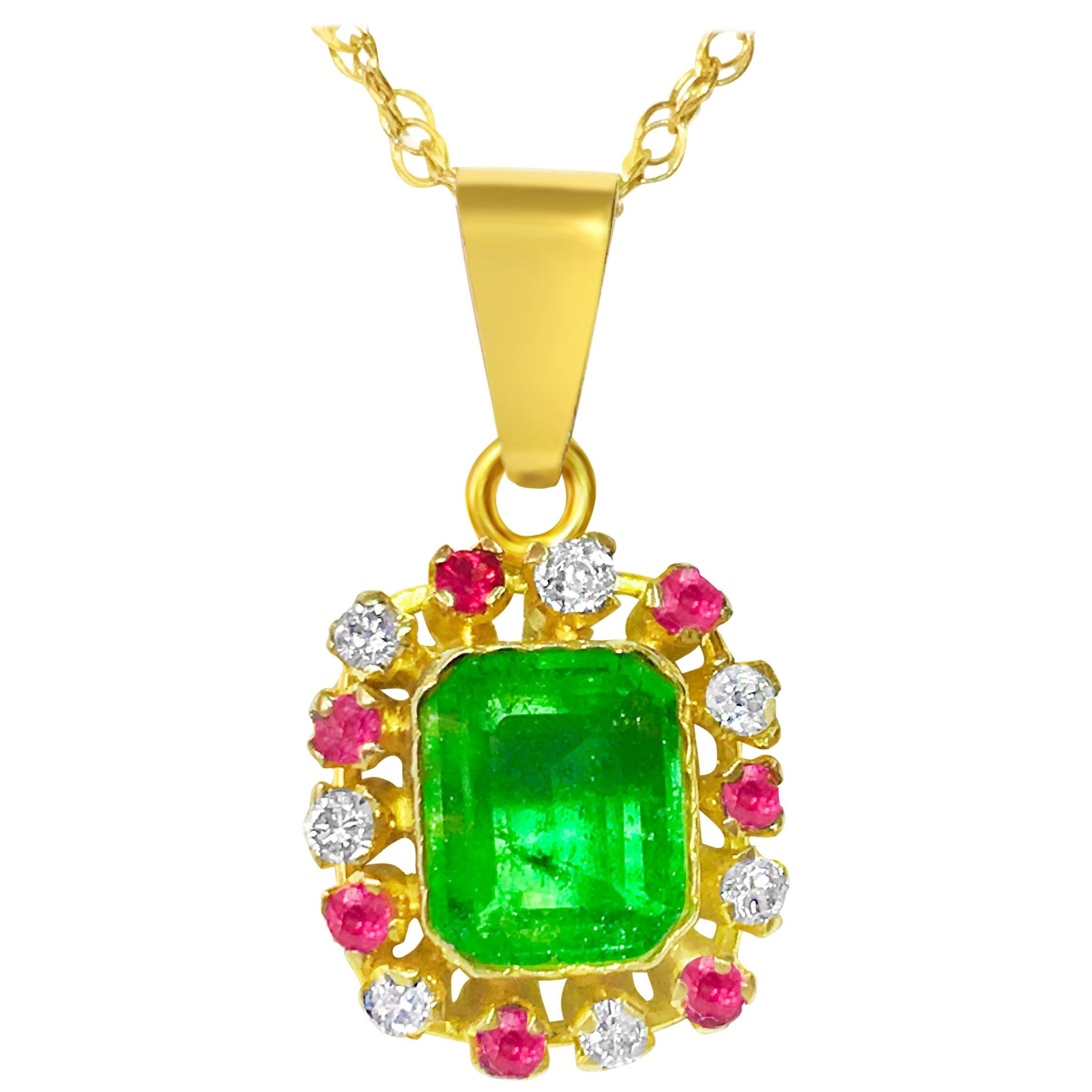 3.00 Carat Emerald Ruby Diamond Multi Gemstone Pendant 18 Karat Gold For Sale