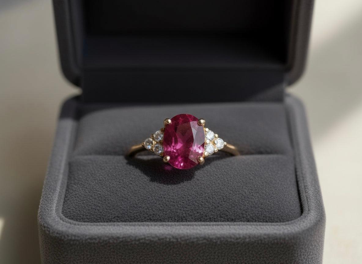 Un clásico anillo de cóctel de rubíes y diamantes de oro amarillo de 14 quilates. Este hermoso anillo de propiedad cuenta con un rubí de 3,0 quilates (tratado, calentado y relleno)  en el centro, flanqueado por seis diamantes redondos de talla