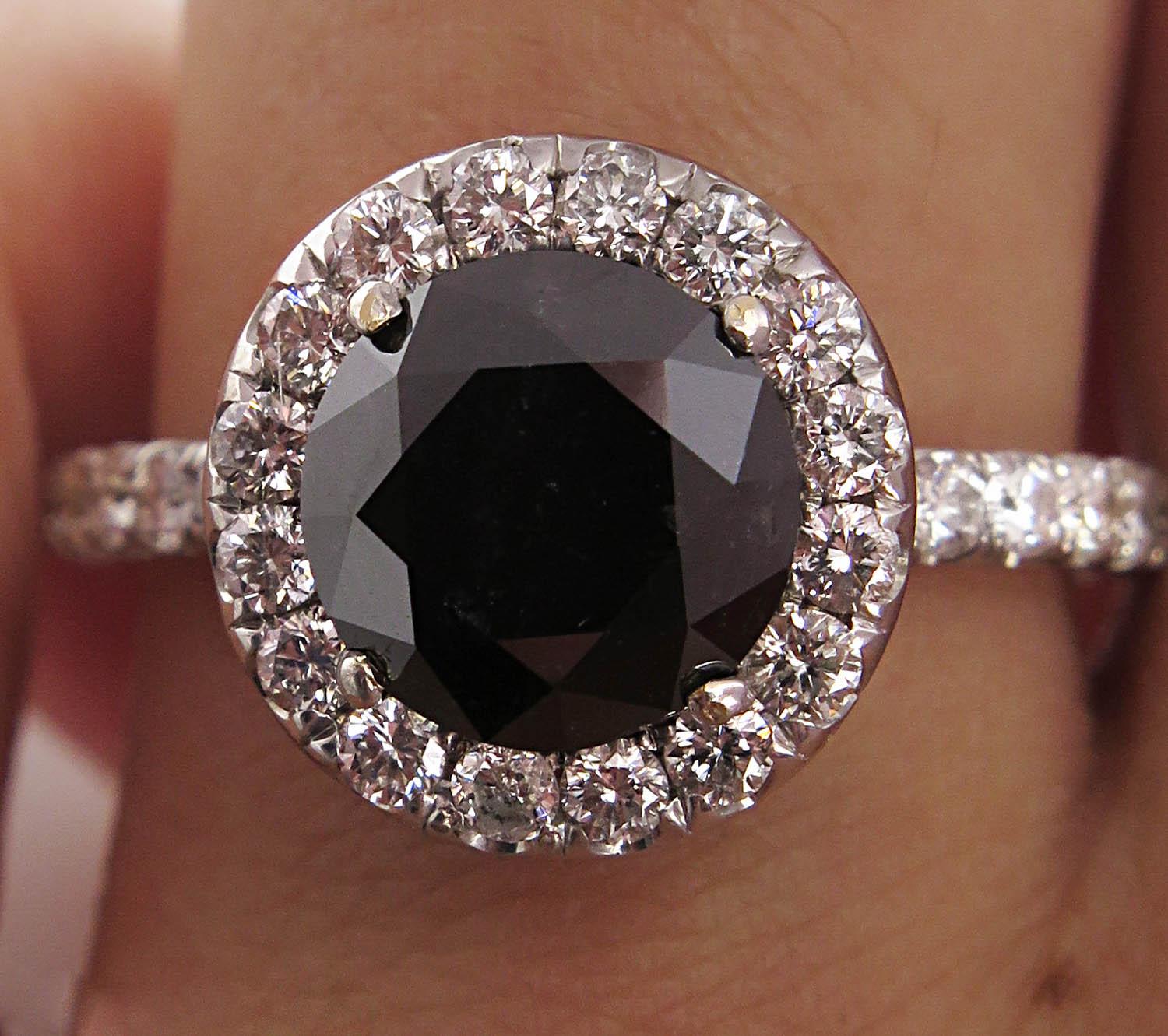 Bague de fiançailles de mariage en or blanc avec diamant rond de 3,00 carats de couleur noire EGL, États-Unis en vente 5